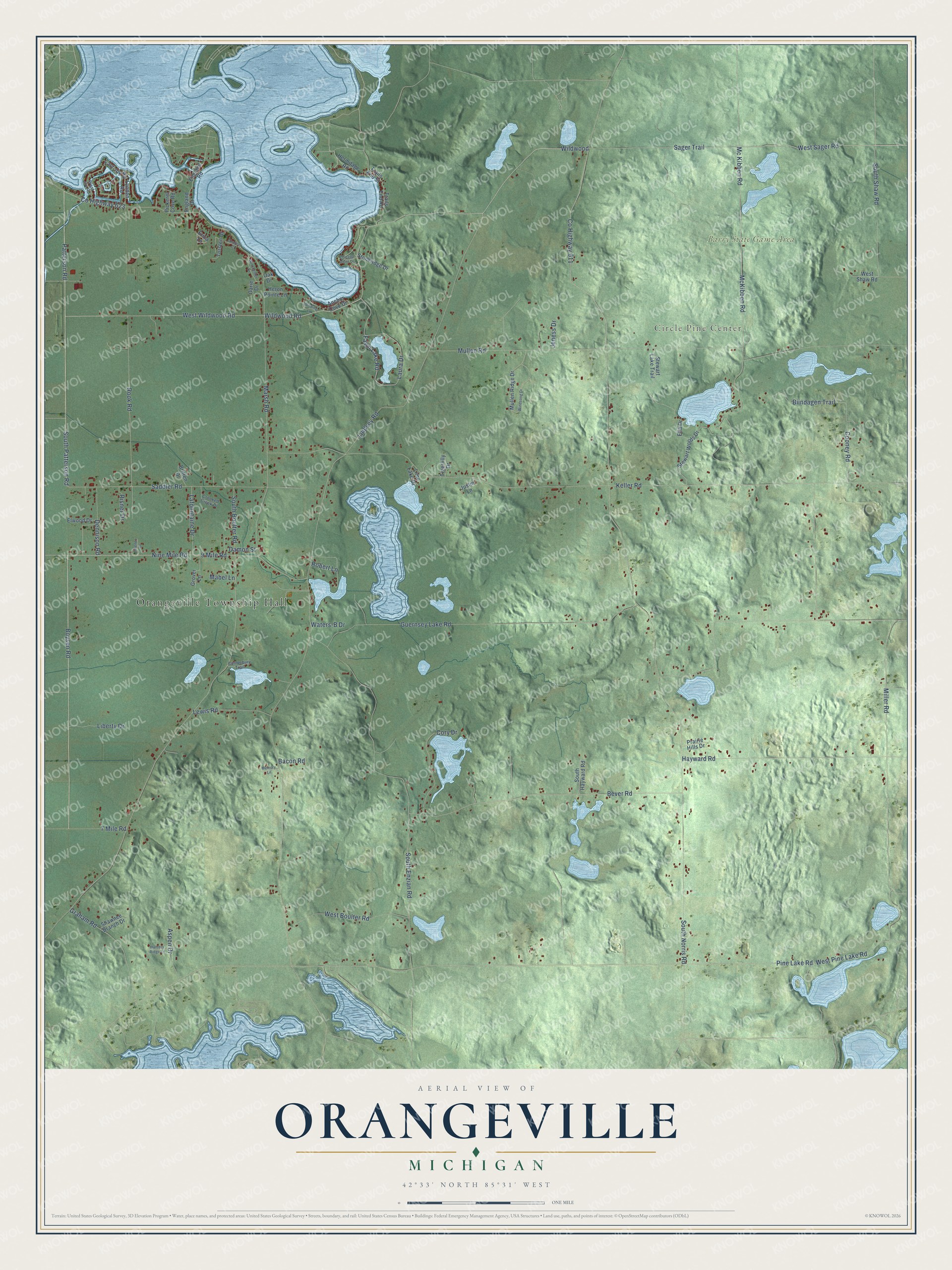 Full map of Orangeville, Michigan, with red buildings, printed street names and the land around them