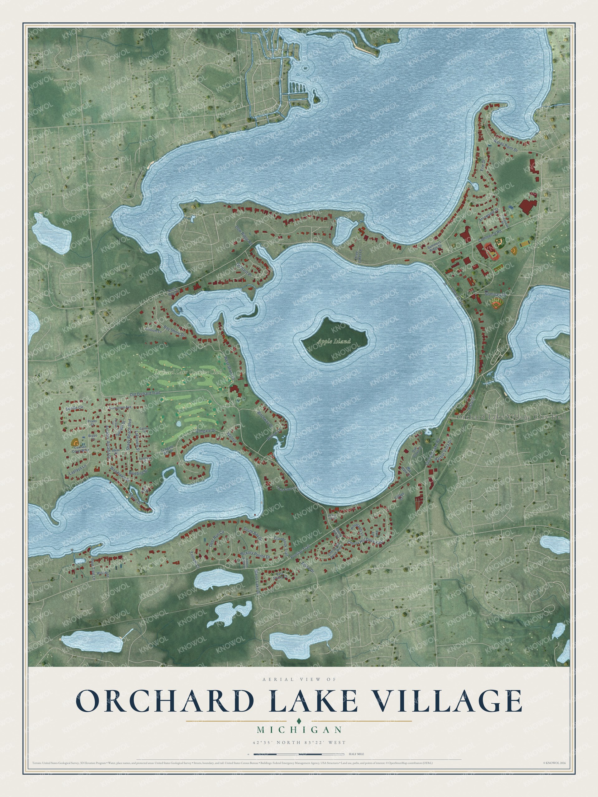 Full map of Orchard Lake Village, Michigan, with red buildings, printed street names and the land around them