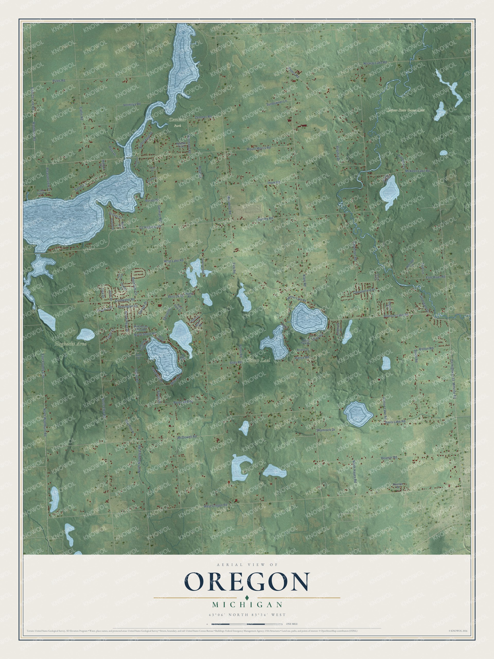 Full map of Oregon, Michigan, with red buildings, printed street names and the land around them