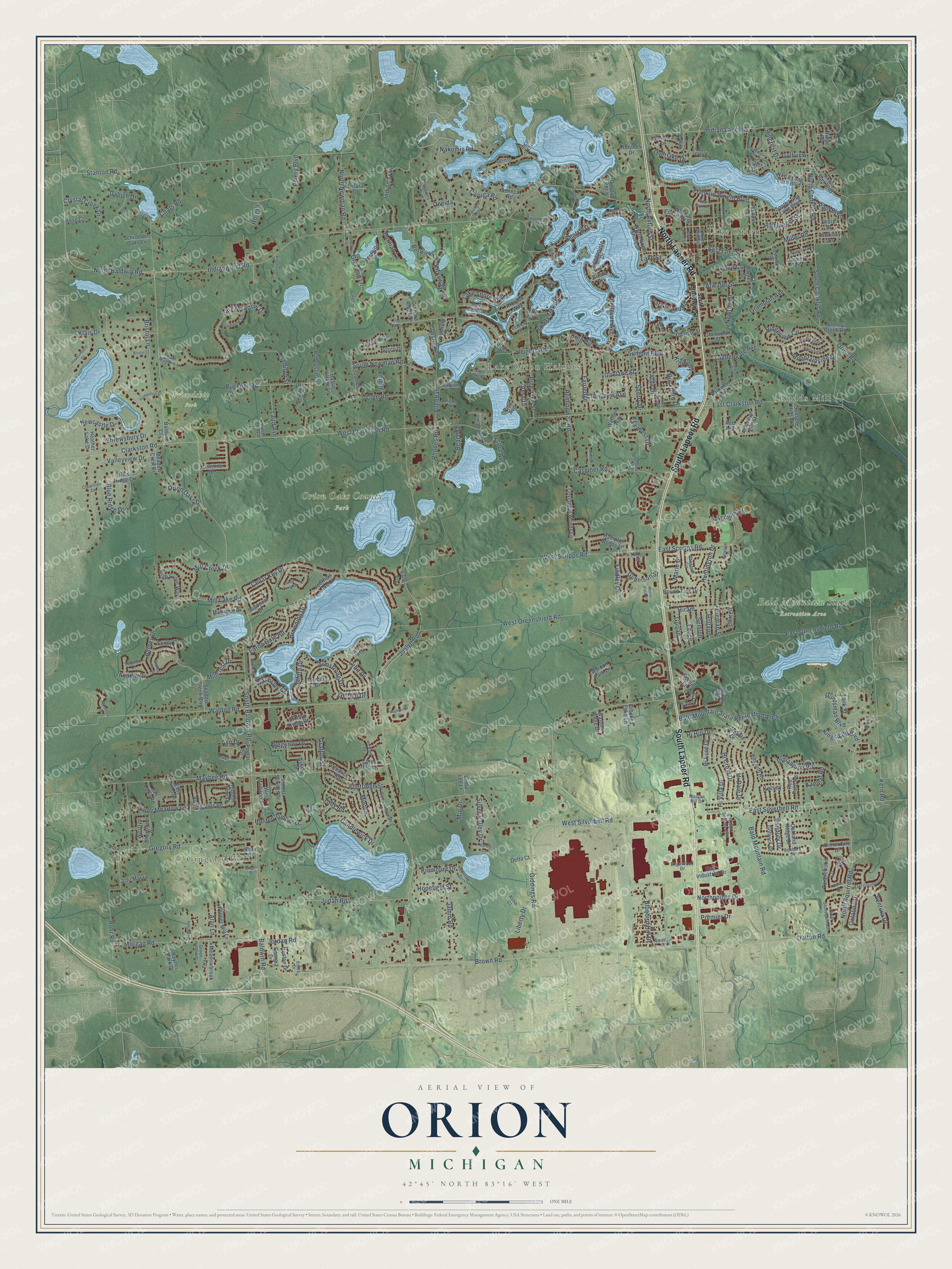 Full map of Orion, Michigan, with red buildings, printed street names and the land around them
