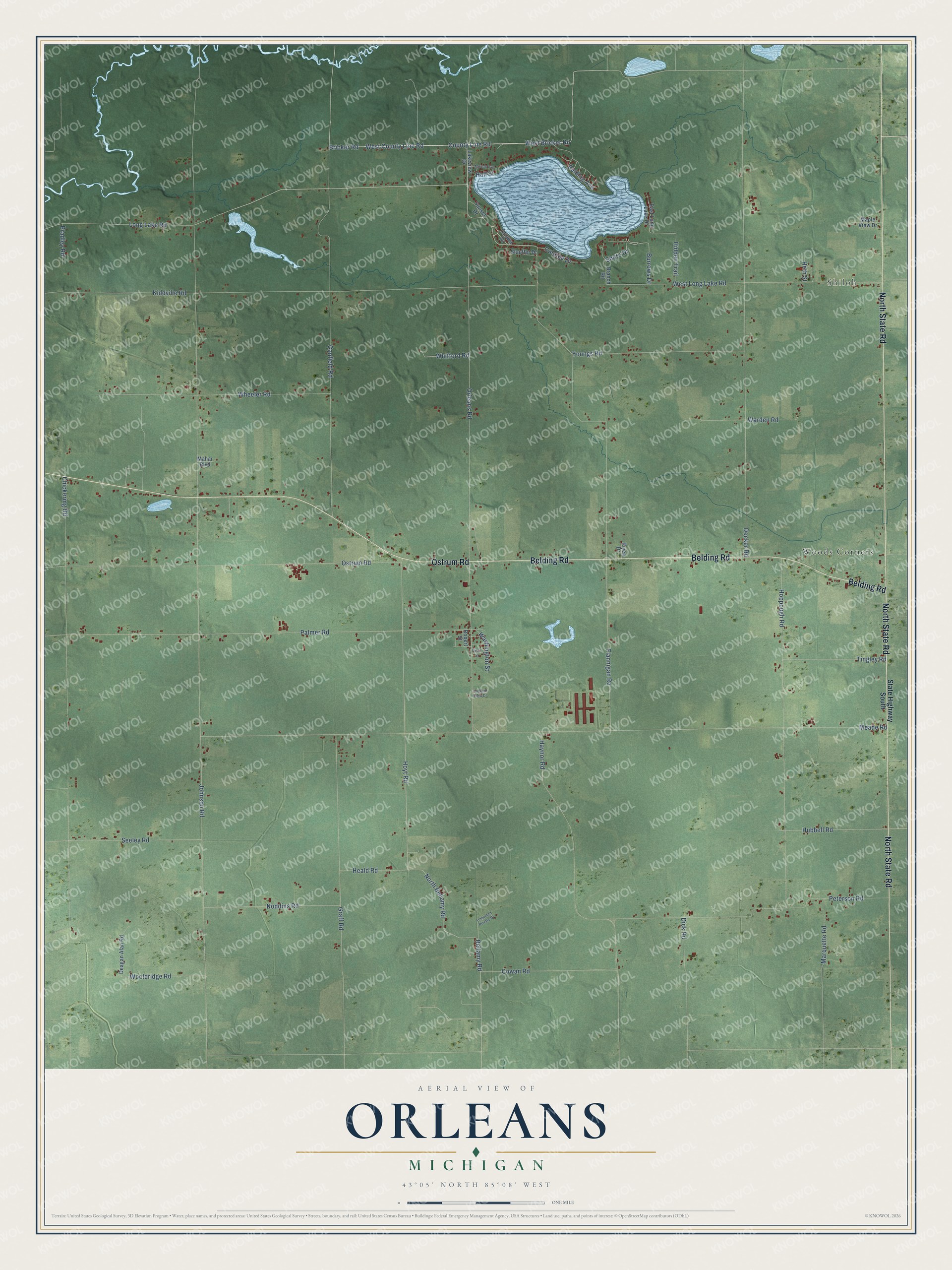 Full map of Orleans, Michigan, with red buildings, printed street names and the land around them