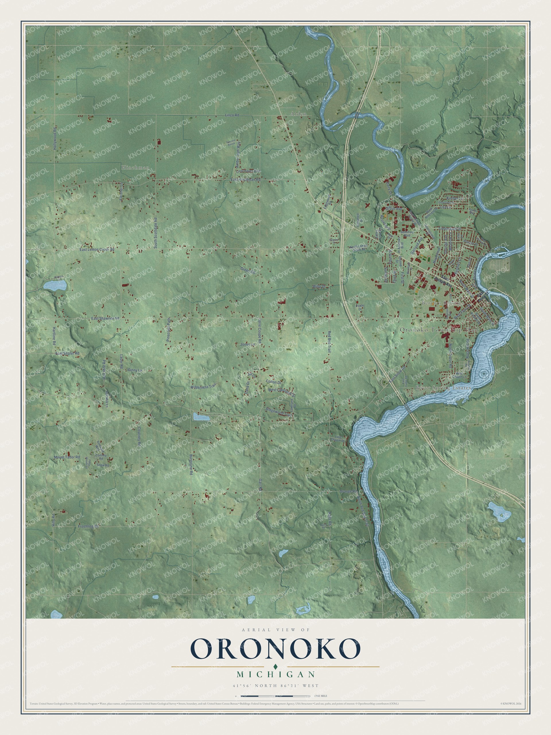 Full map of Oronoko, Michigan, with red buildings, printed street names and the land around them