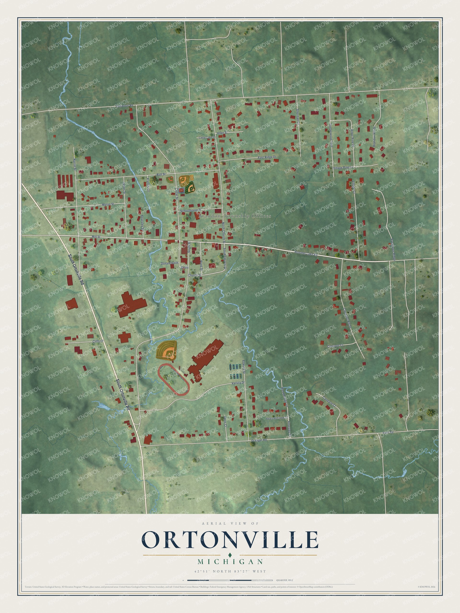 Full map of Ortonville, Michigan, with red buildings, printed street names and the land around them