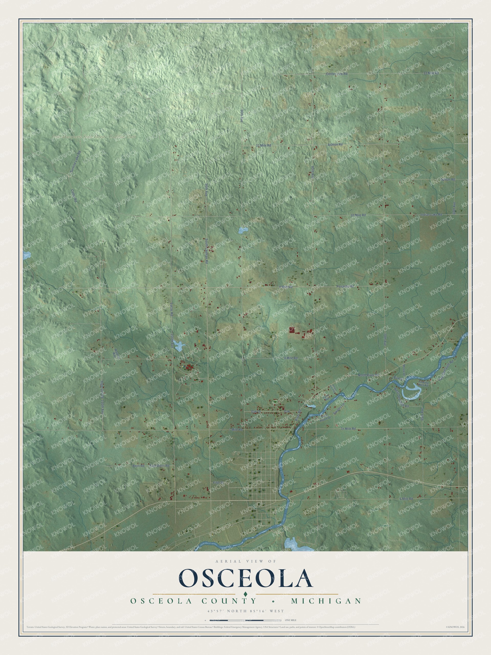 Full map of Osceola, Michigan, with red buildings, printed street names and the land around them