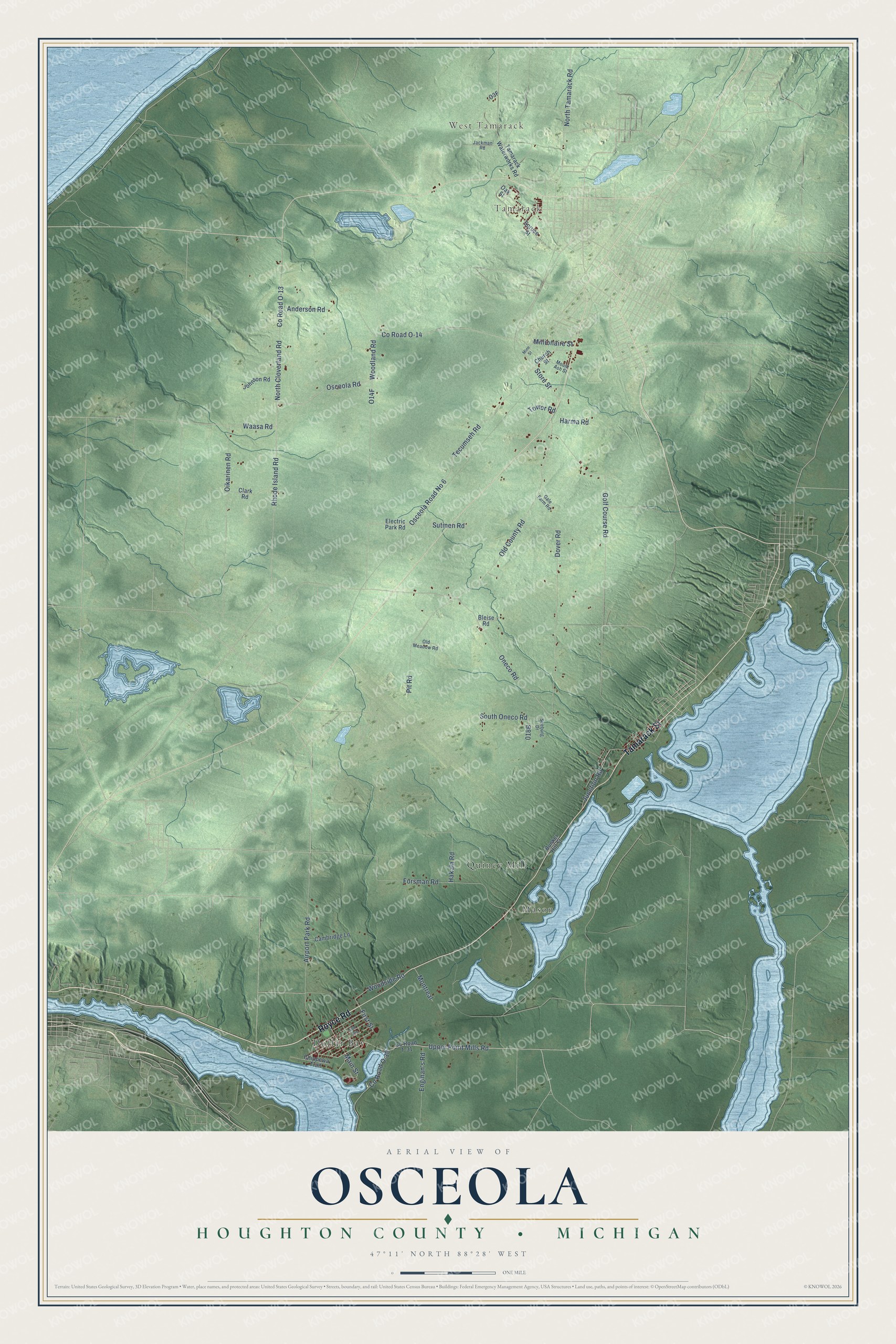 Full map of Osceola, Michigan, with red buildings, printed street names and the land around them
