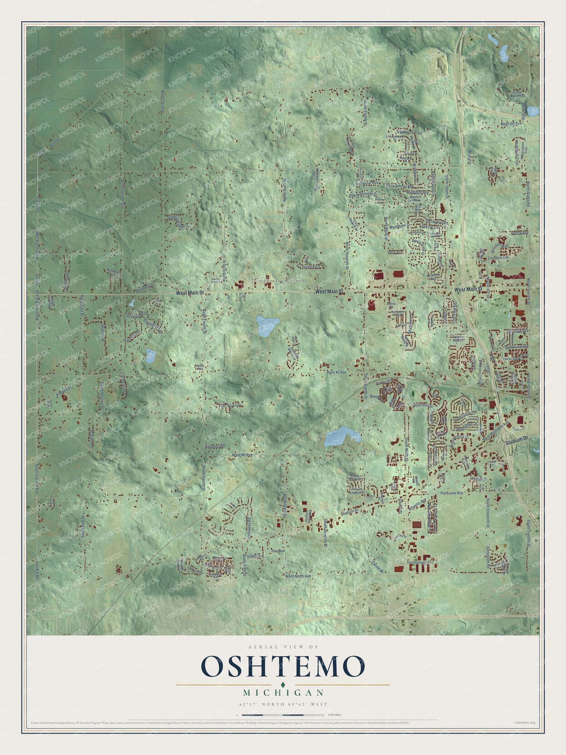 Full map of Oshtemo, Michigan, with red buildings, printed street names and the land around them