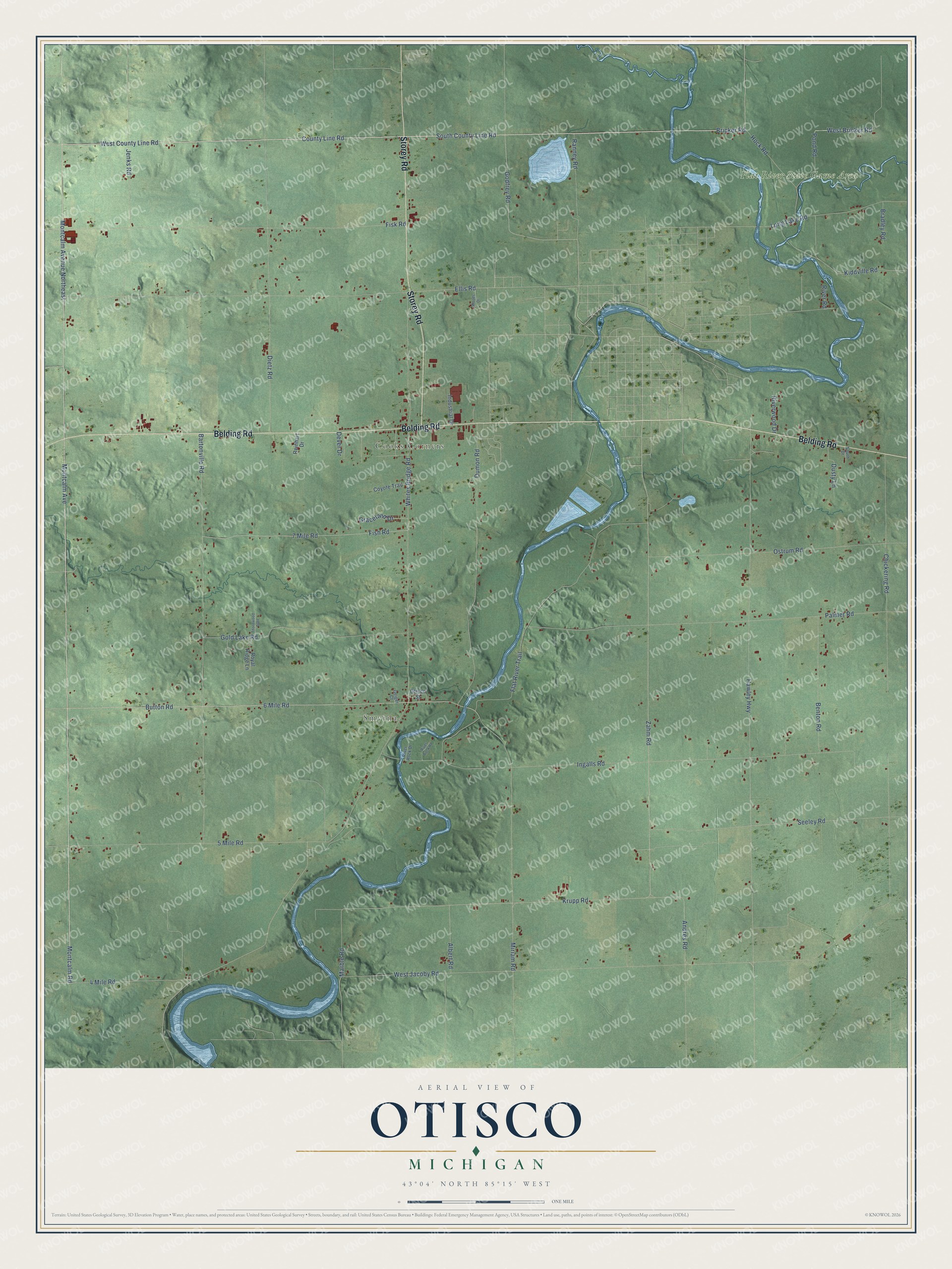 Full map of Otisco, Michigan, with red buildings, printed street names and the land around them