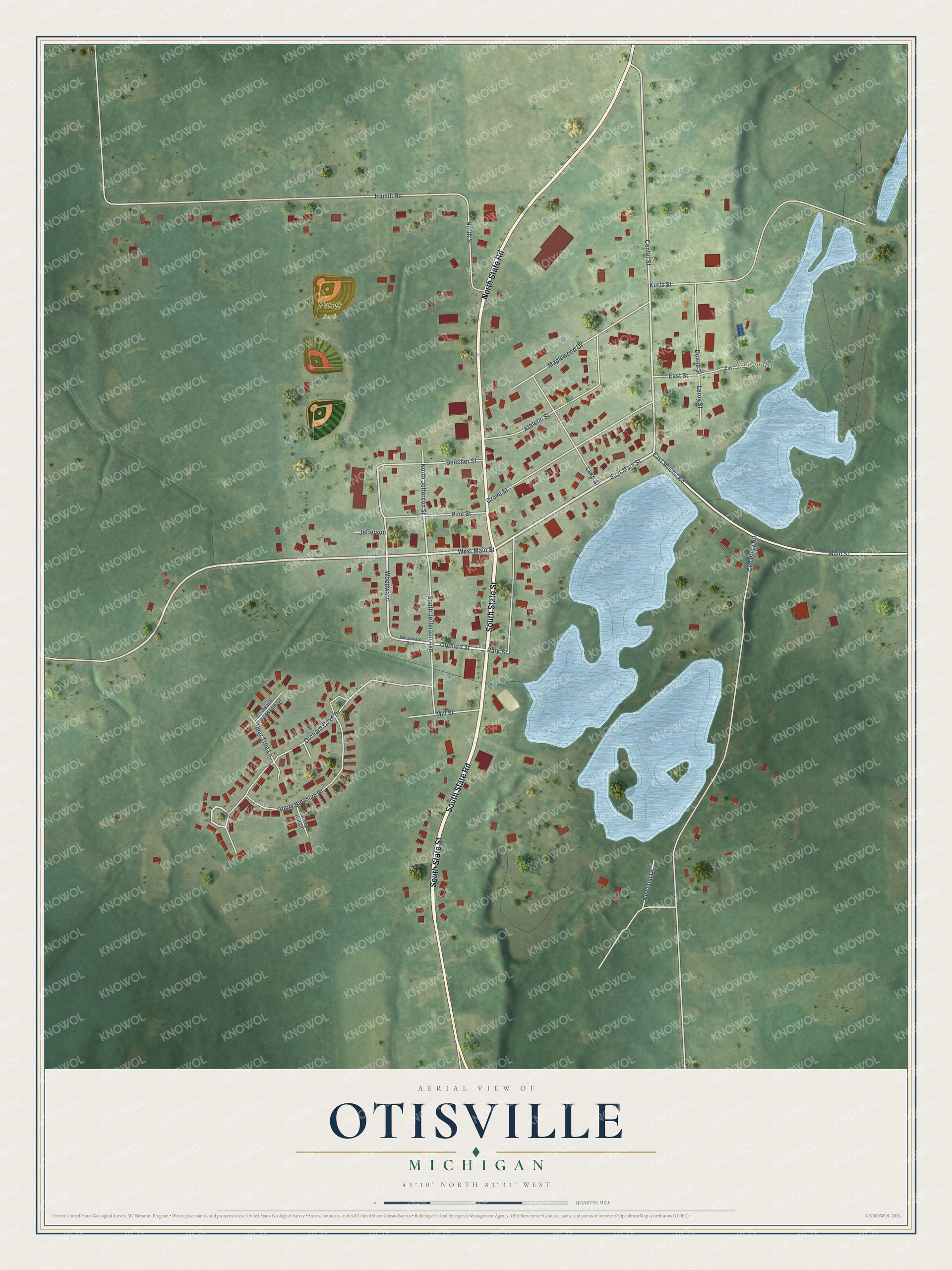 Full map of Otisville, Michigan, with red buildings, printed street names and the land around them