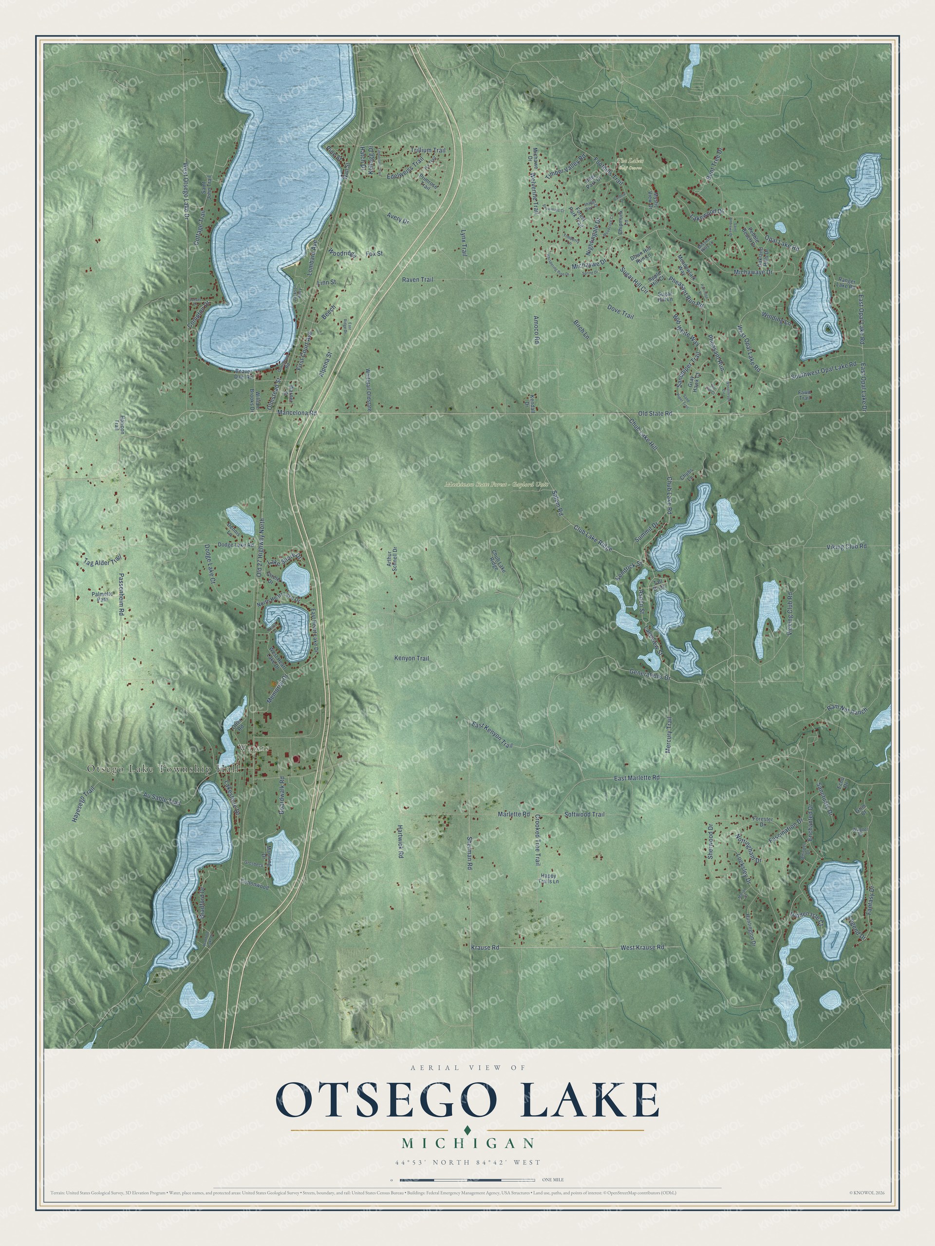 Full map of Otsego Lake, Michigan, with red buildings, printed street names and the land around them