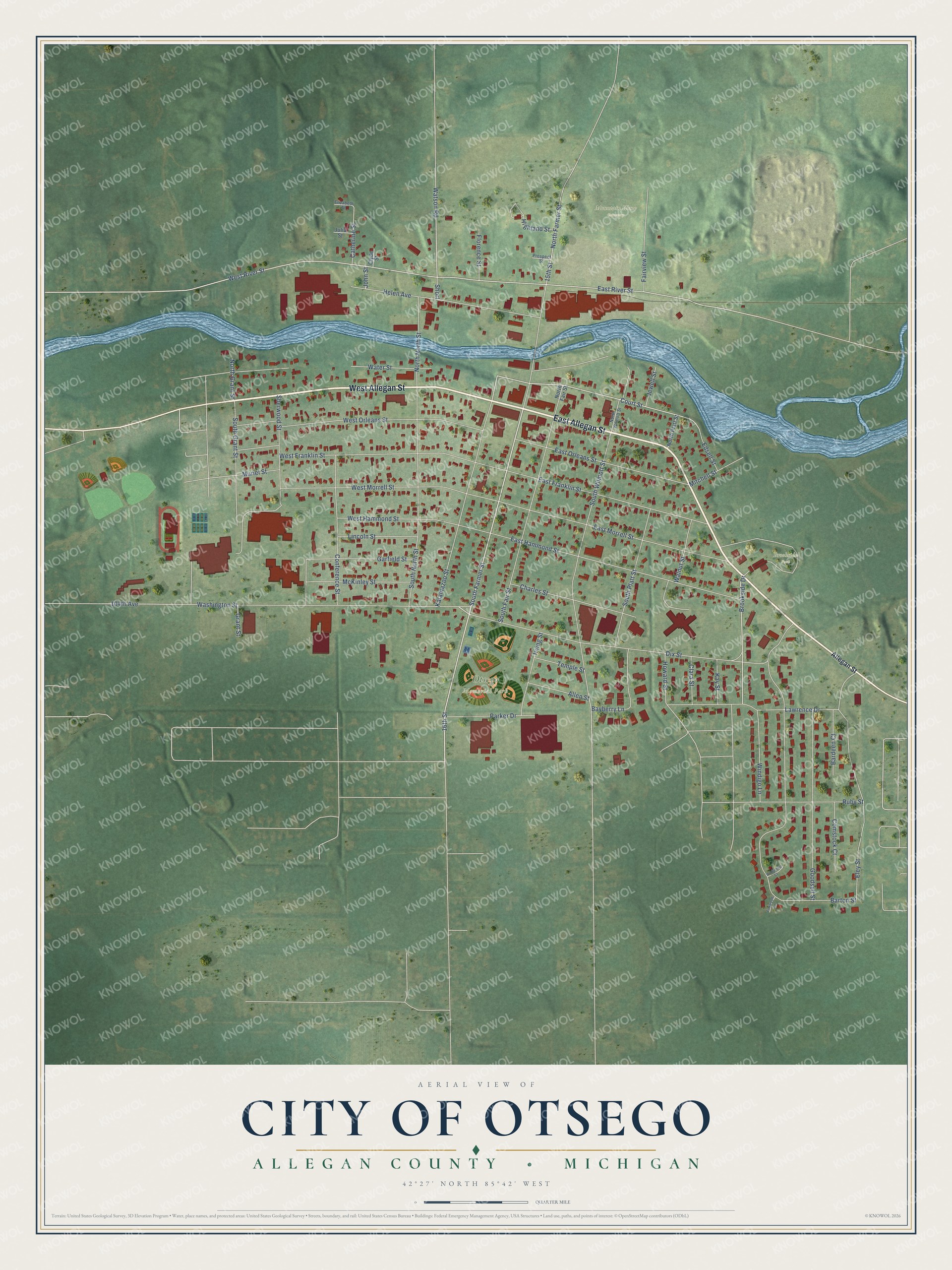 Full map of Otsego, Michigan, with red buildings, printed street names and the land around them