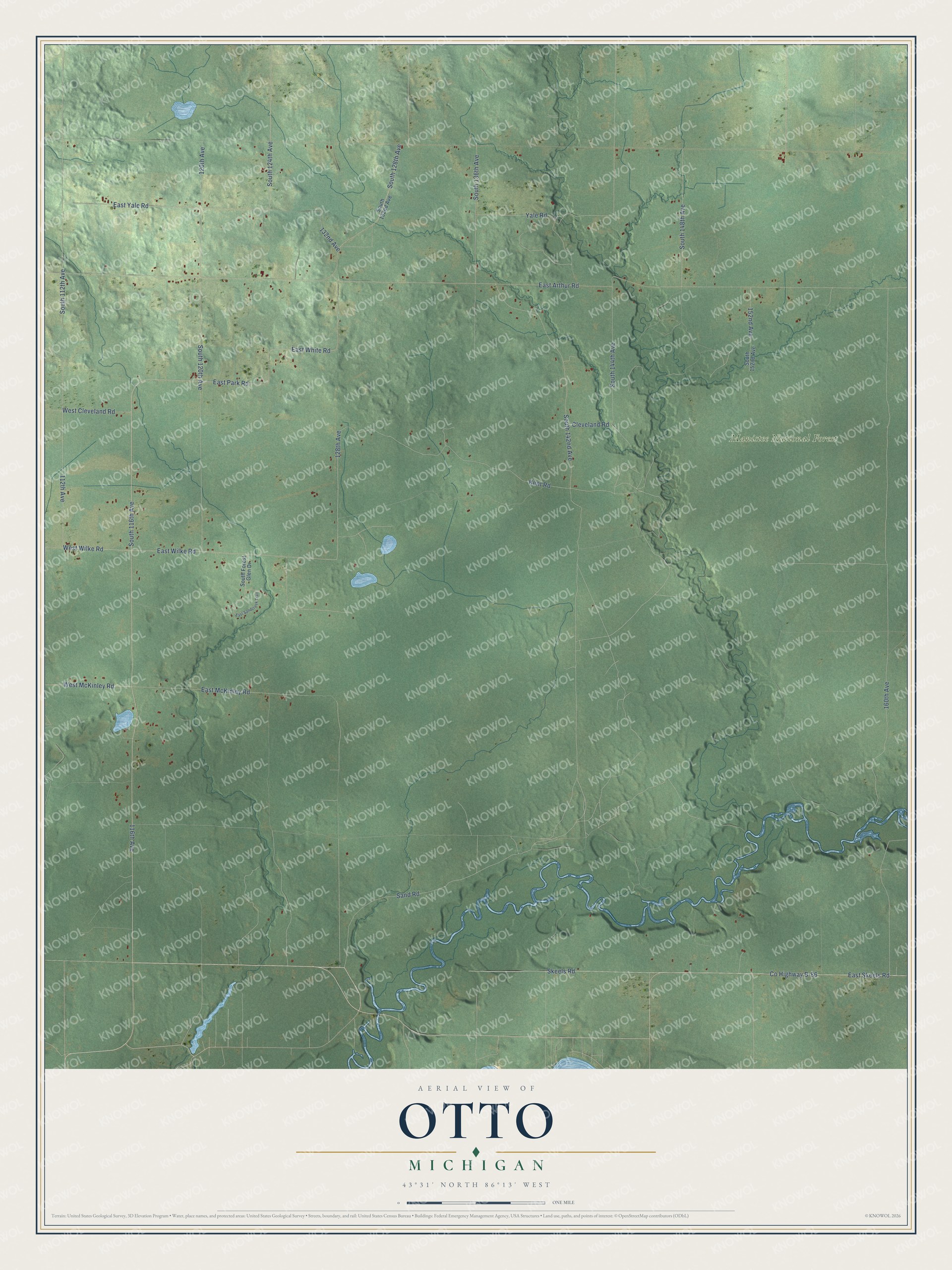 Full map of Otto, Michigan, with red buildings, printed street names and the land around them