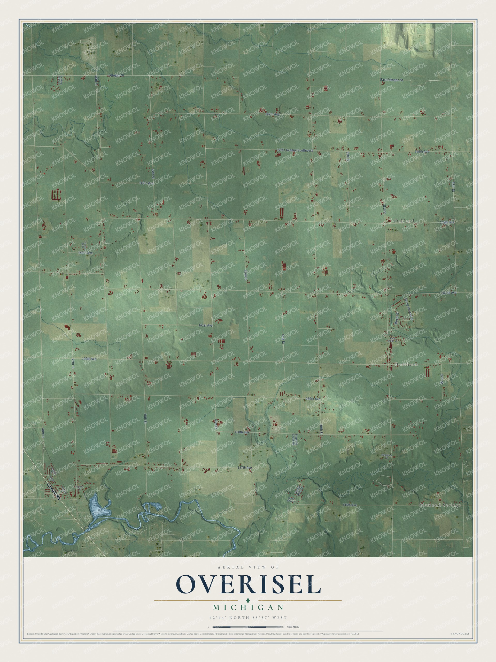 Full map of Overisel, Michigan, with red buildings, printed street names and the land around them