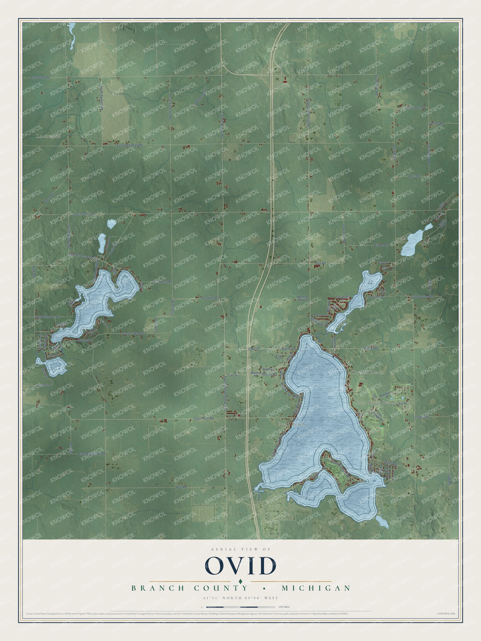 Full map of Ovid, Michigan, with red buildings, printed street names and the land around them