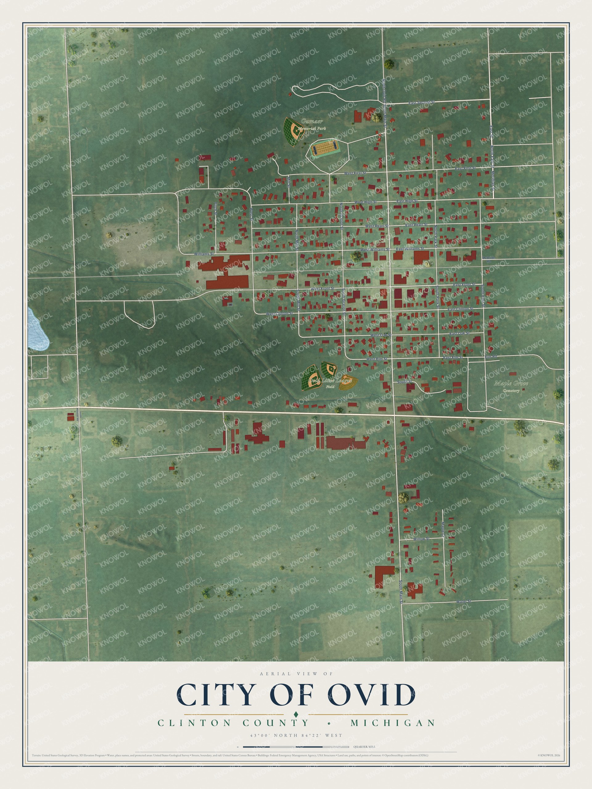 Full map of Ovid, Michigan, with red buildings, printed street names and the land around them
