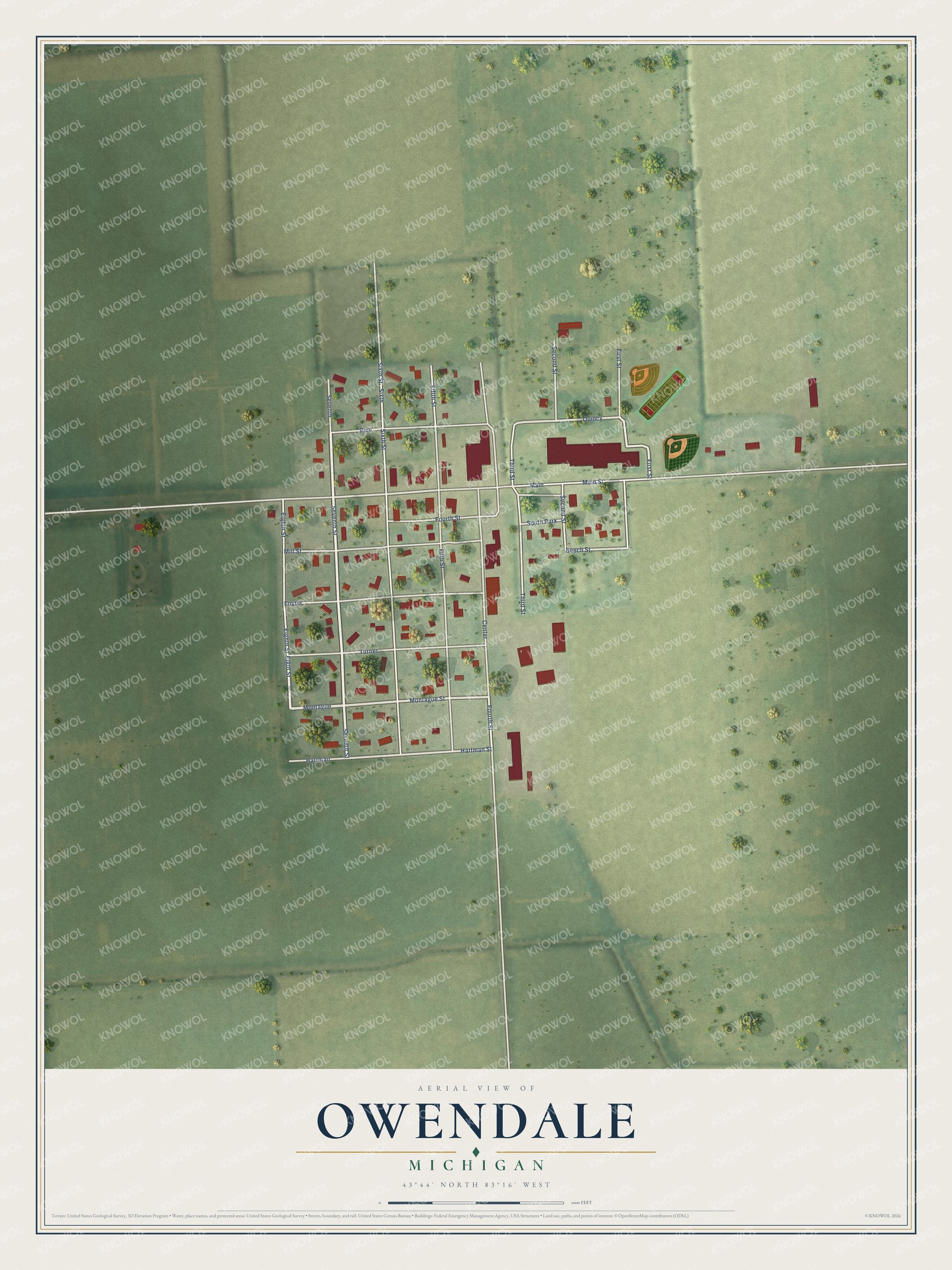 Full map of Owendale, Michigan, with red buildings, printed street names and the land around them