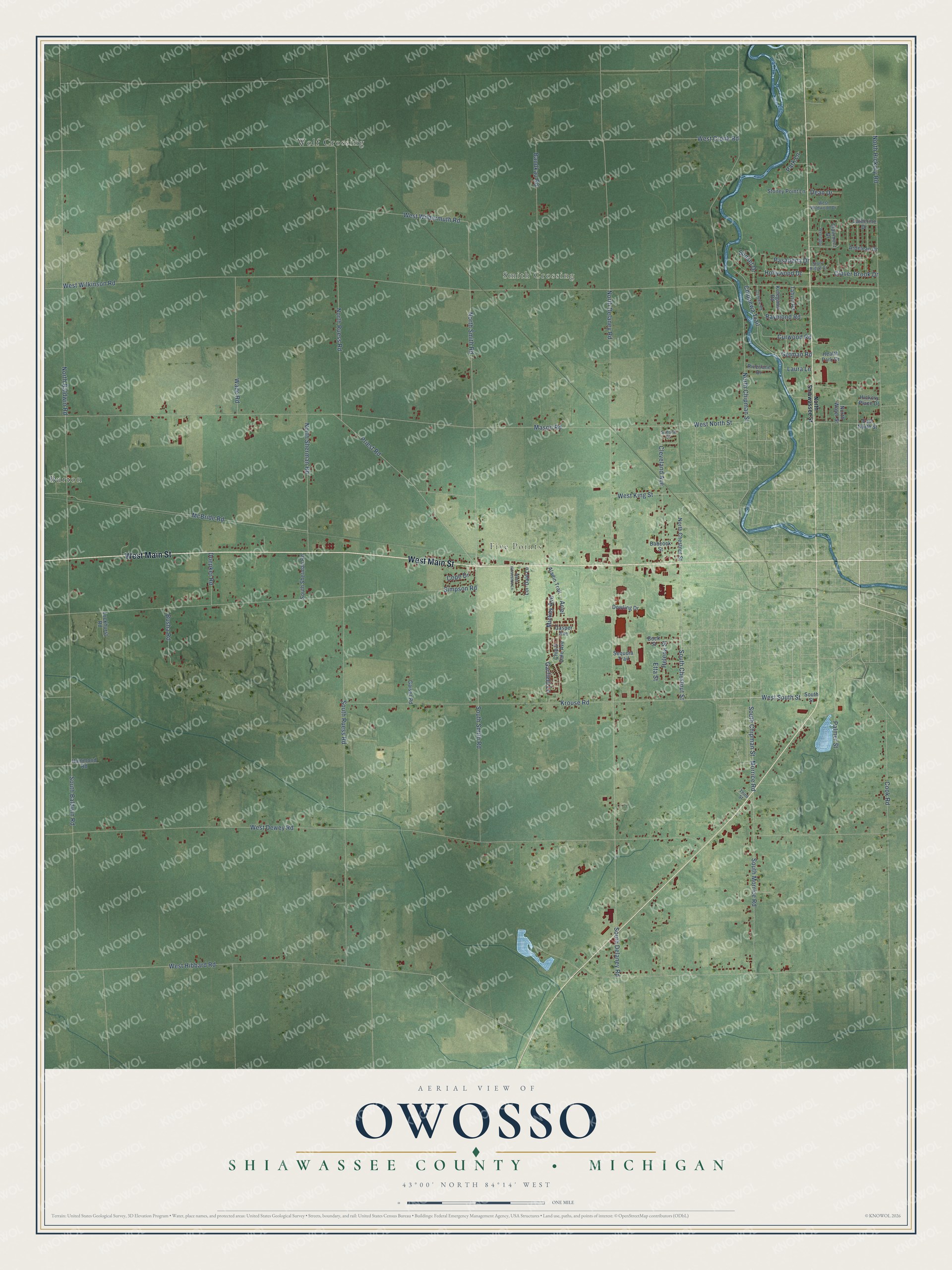 Full map of Owosso, Michigan, with red buildings, printed street names and the land around them