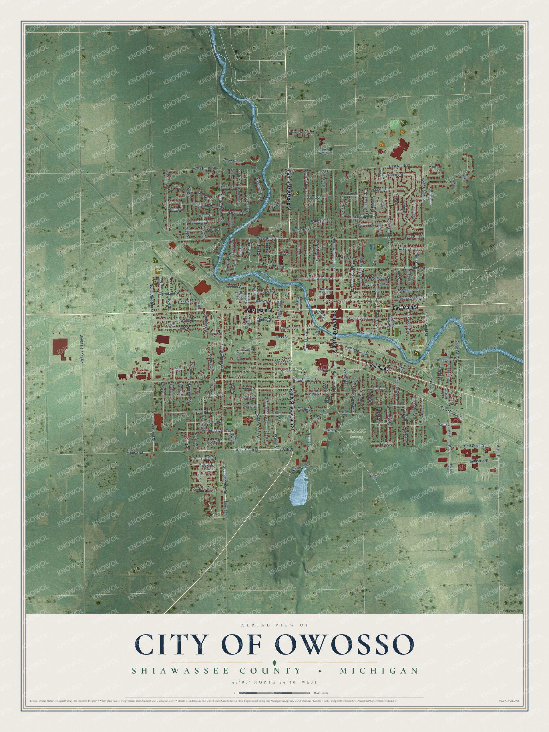 Full map of Owosso, Michigan, with red buildings, printed street names and the land around them