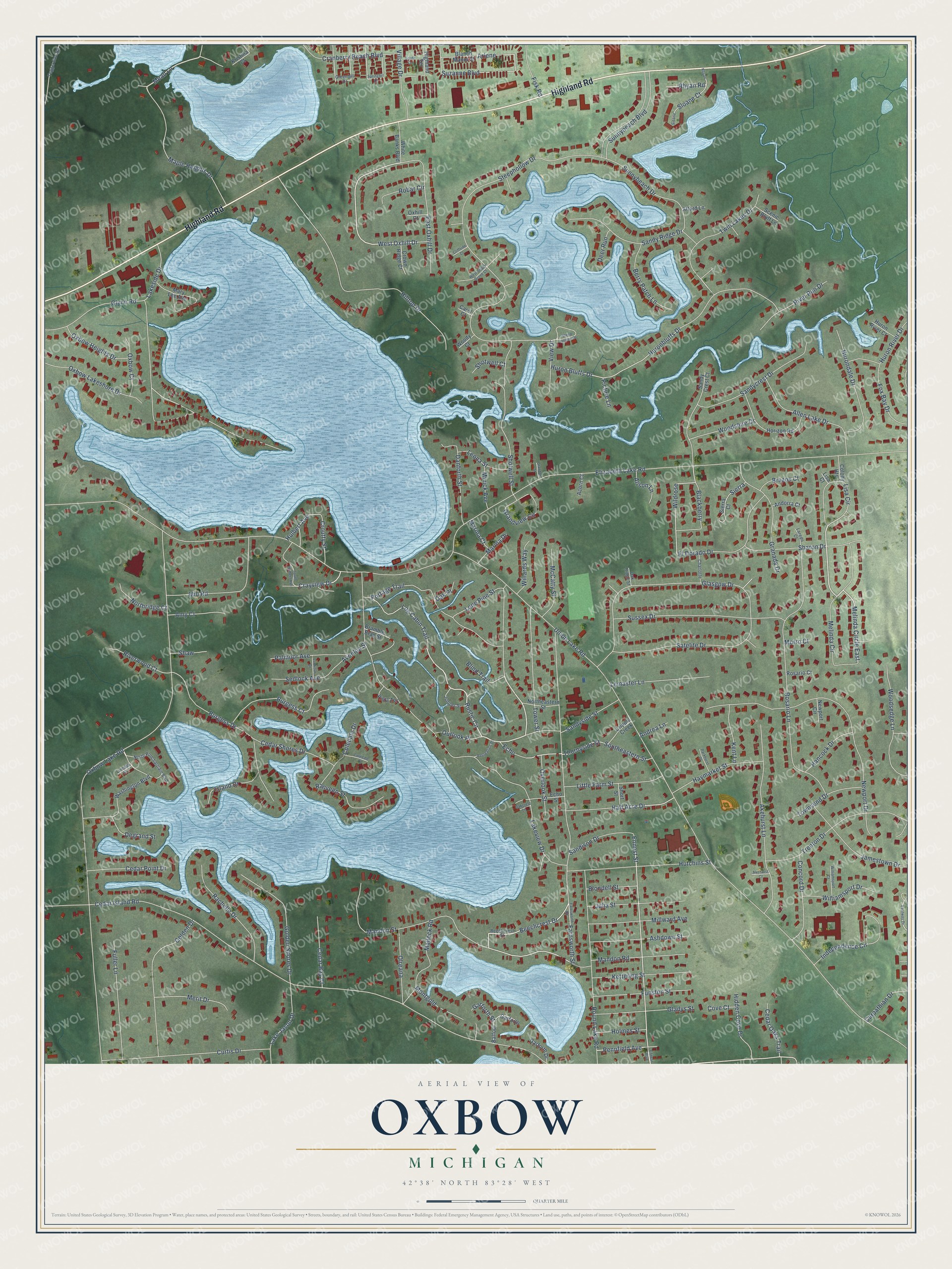 Full map of Oxbow, Michigan, with red buildings, printed street names and the land around them