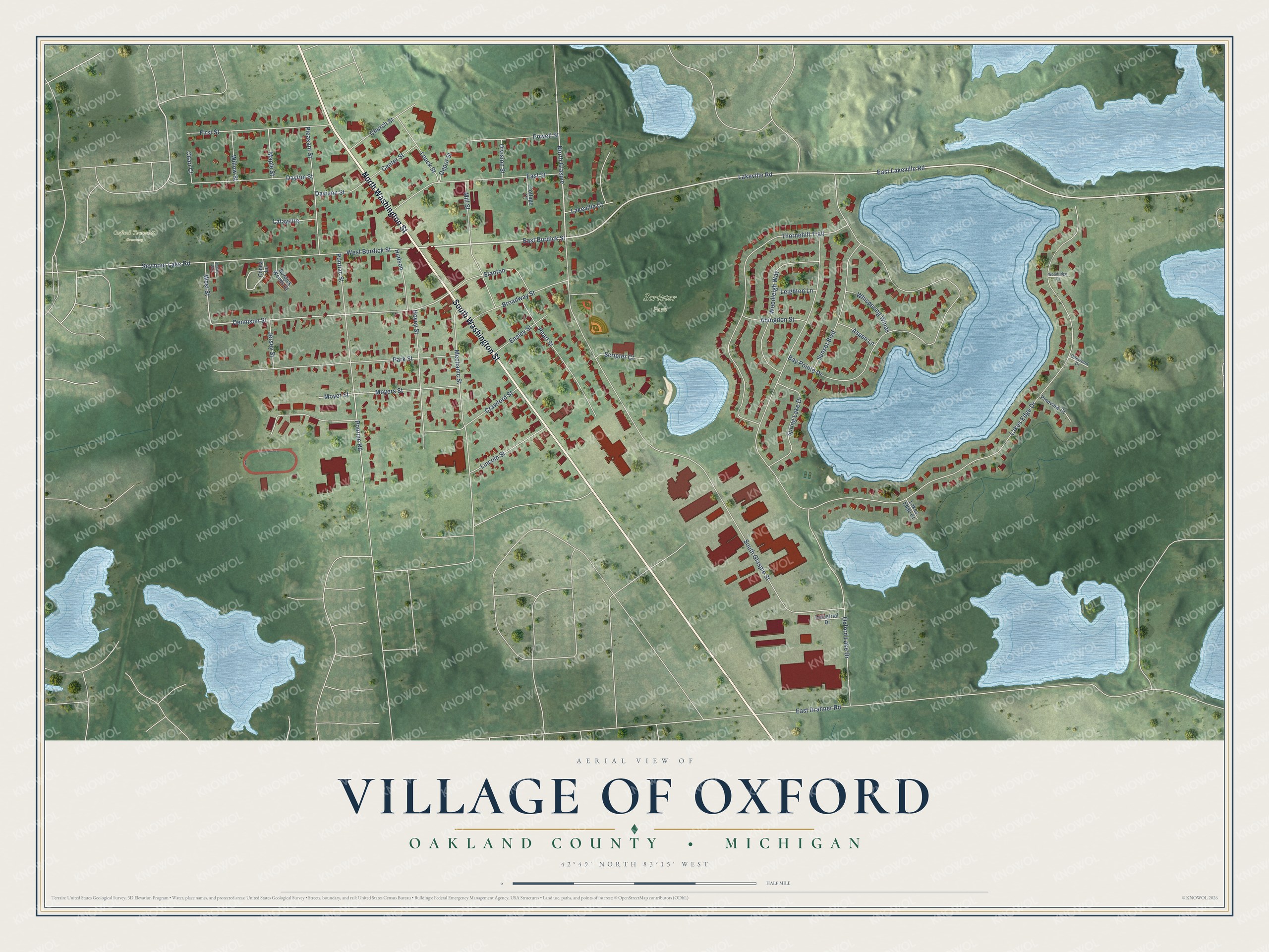 Full map of Oxford, Michigan, with red buildings, printed street names and the land around them