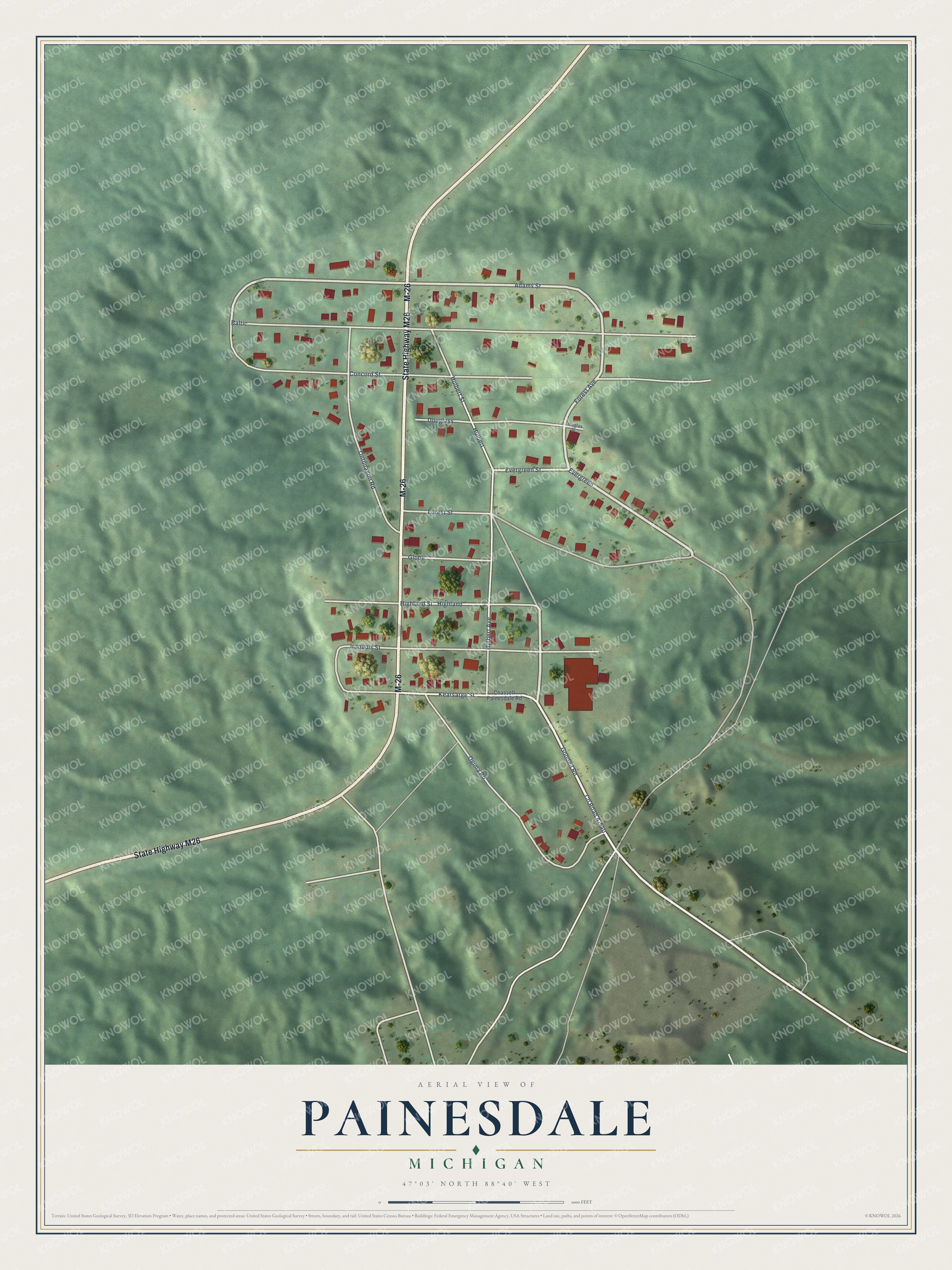 Full map of Painesdale, Michigan, with red buildings, printed street names and the land around them