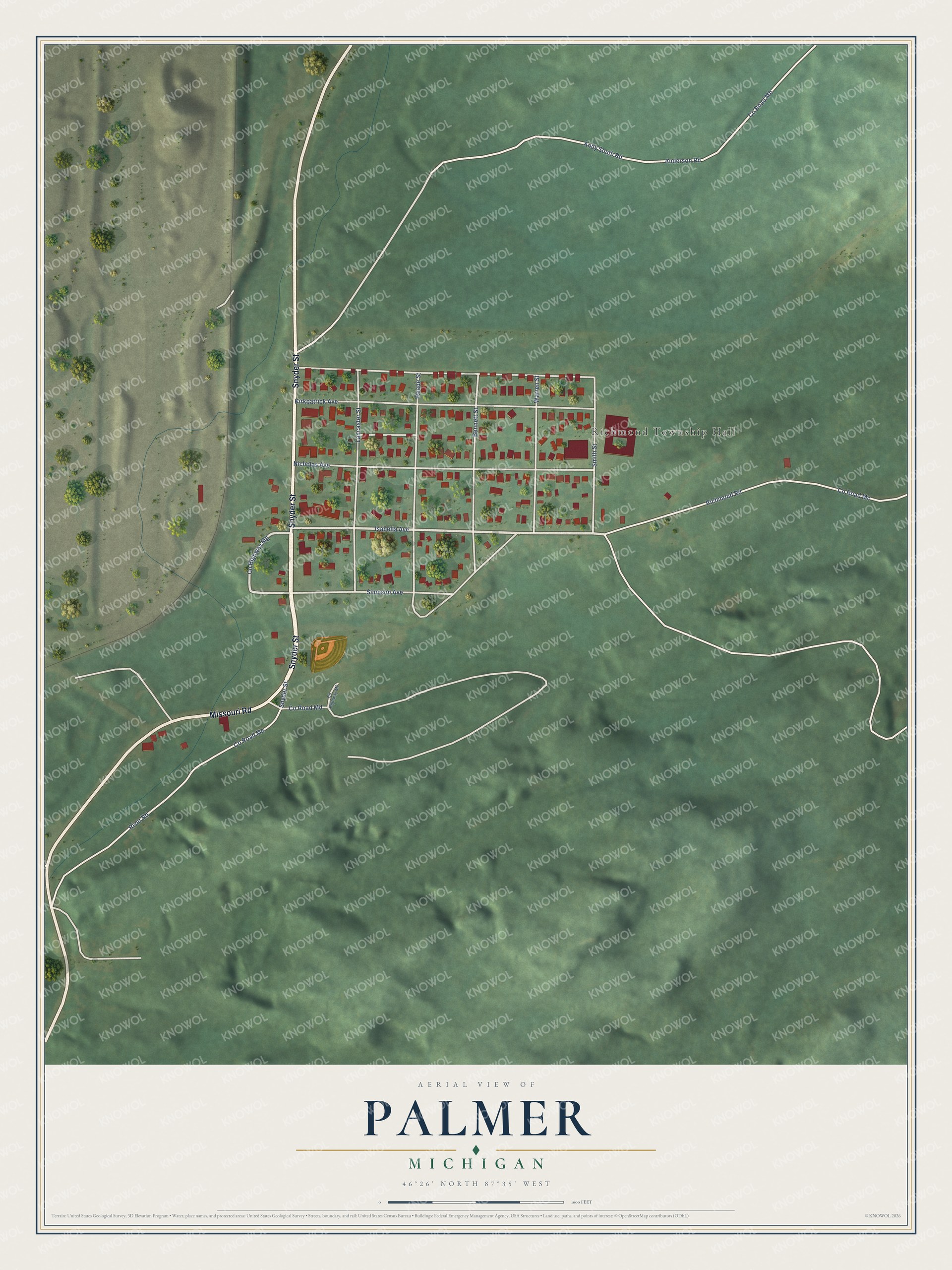 Full map of Palmer, Michigan, with red buildings, printed street names and the land around them