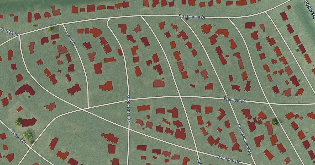 Close-up of streets and buildings in Palmer Woods, Michigan