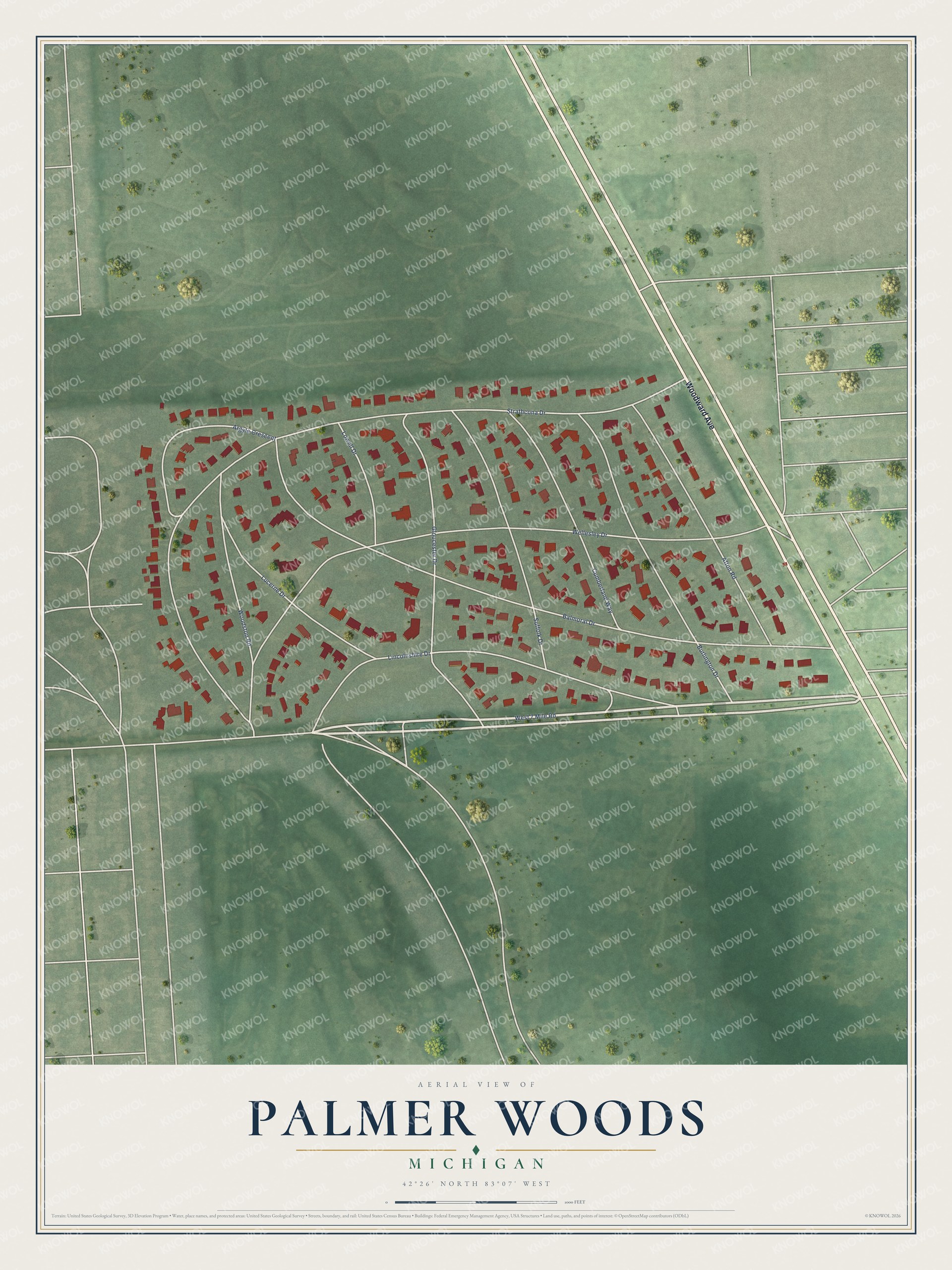 Full map of Palmer Woods, Michigan, with red buildings, printed street names and the land around them