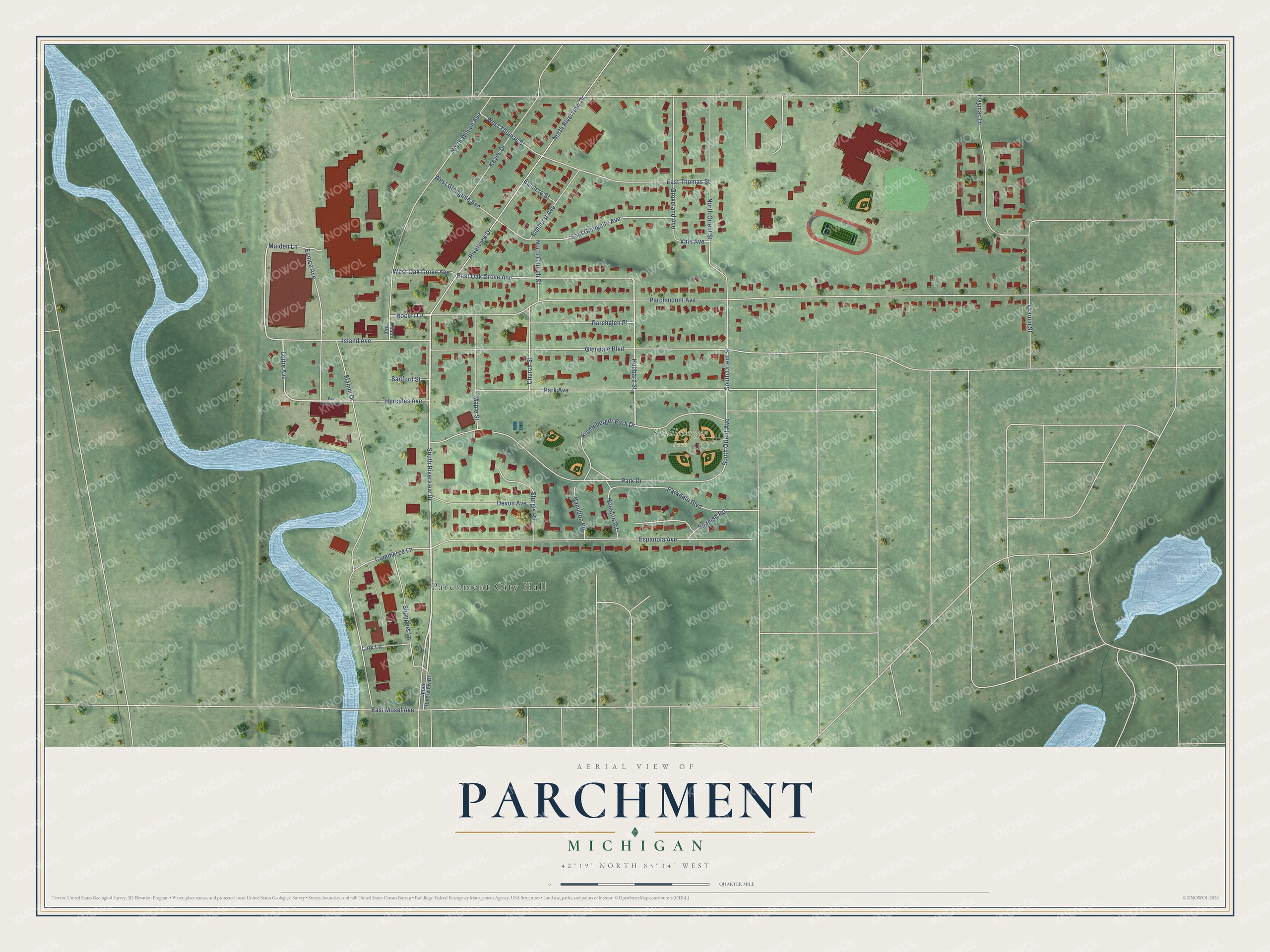 Full map of Parchment, Michigan, with red buildings, printed street names and the land around them