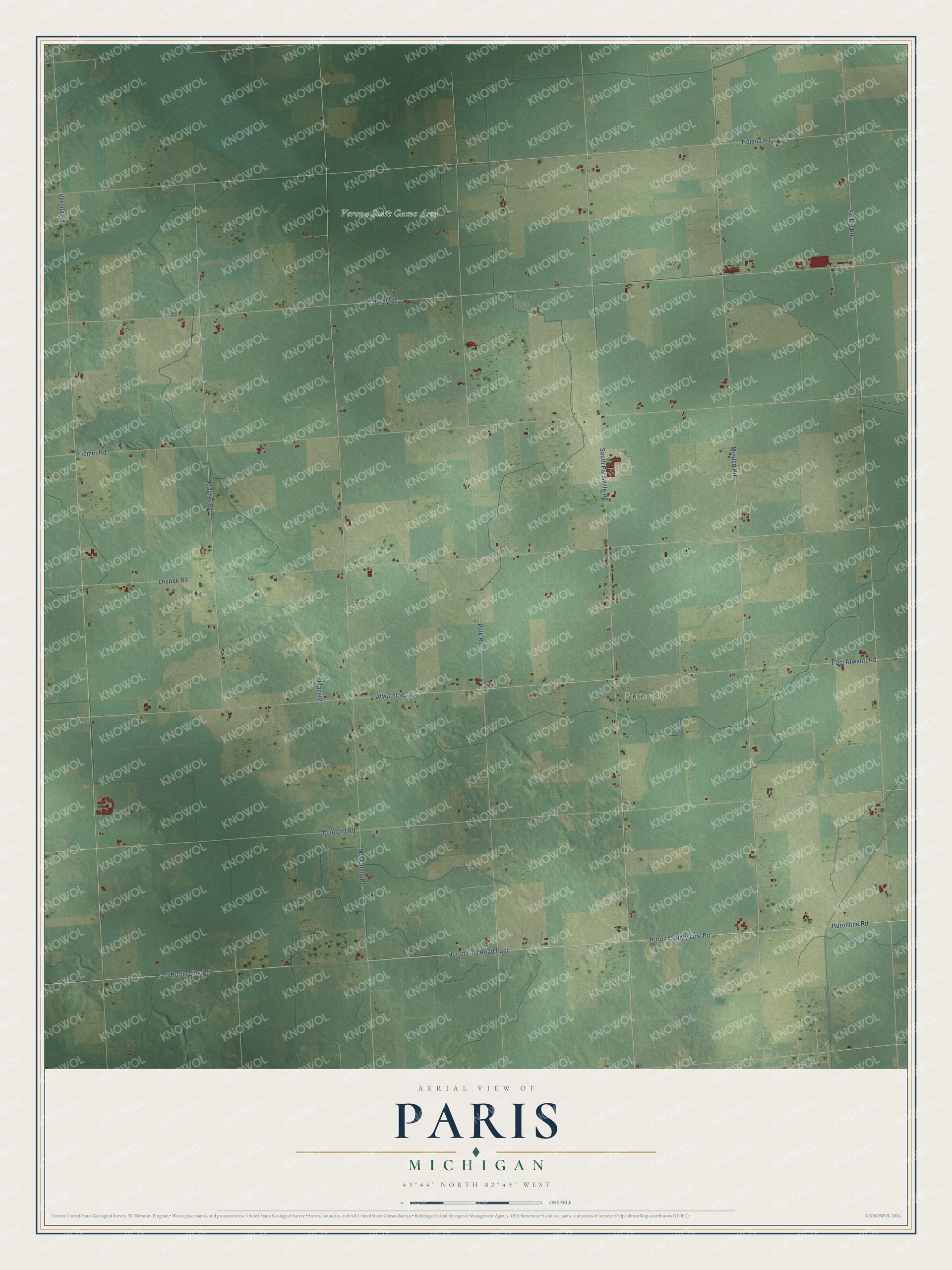 Full map of Paris, Michigan, with red buildings, printed street names and the land around them