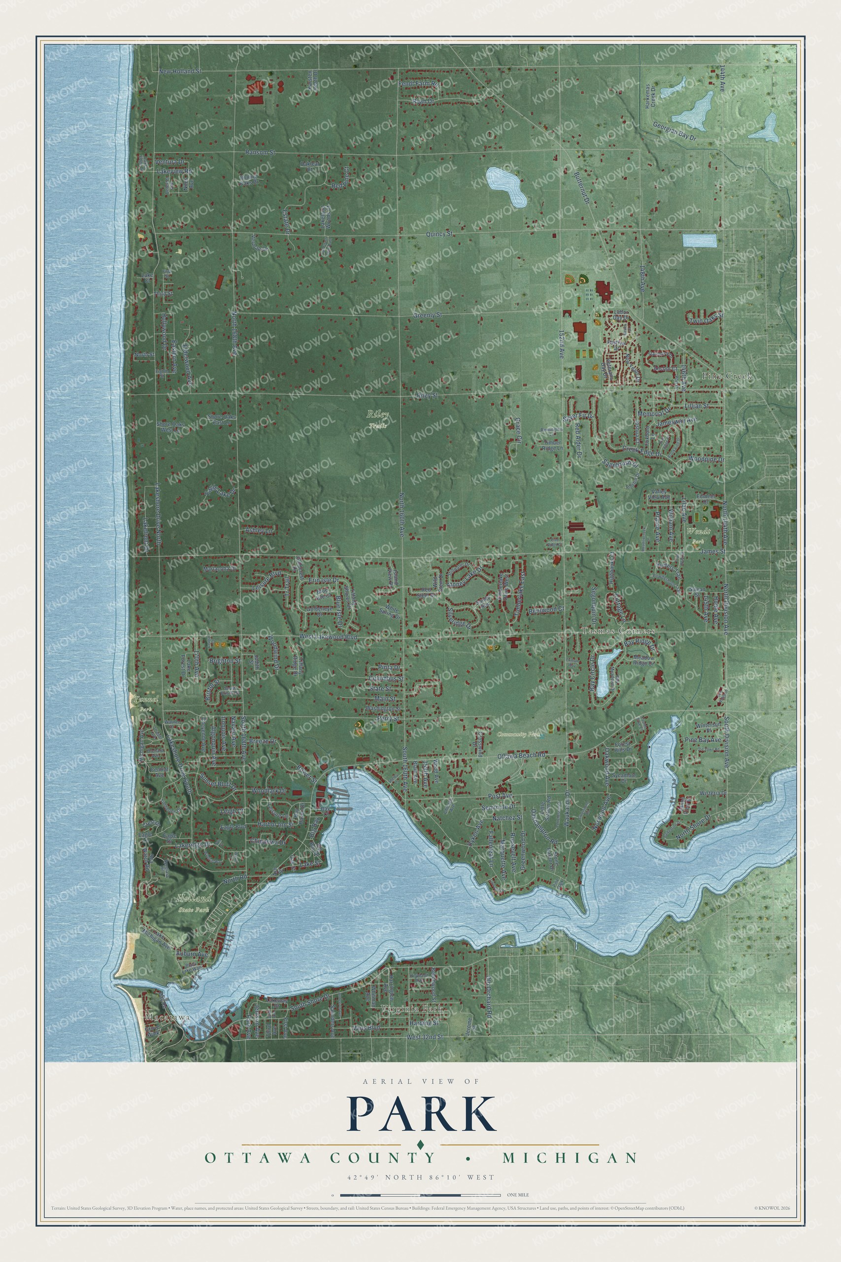 Full map of Park, Michigan, with red buildings, printed street names and the land around them