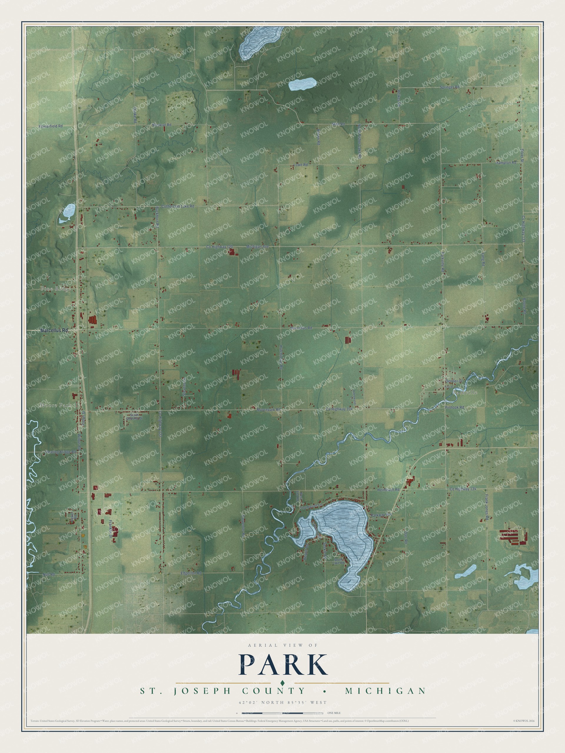 Full map of Park, Michigan, with red buildings, printed street names and the land around them