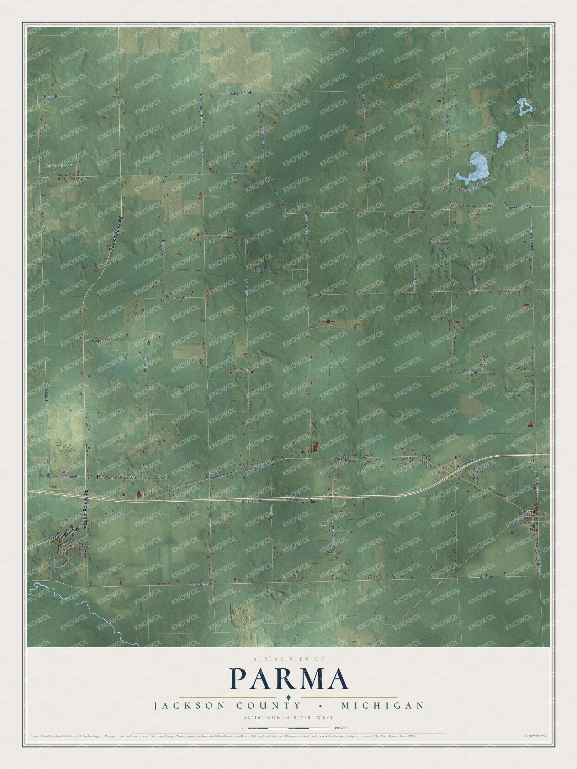 Full map of Parma, Michigan, with red buildings, printed street names and the land around them