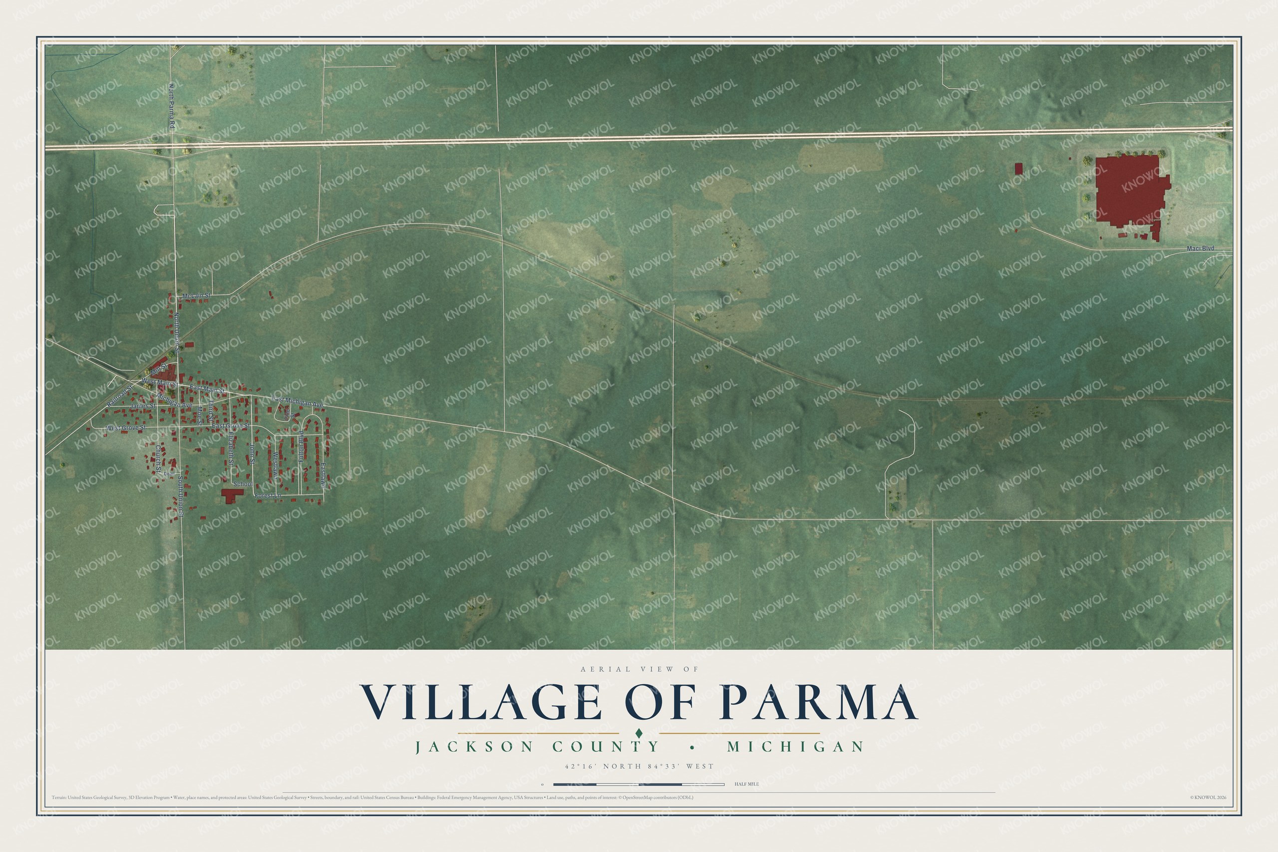Full map of Parma, Michigan, with red buildings, printed street names and the land around them