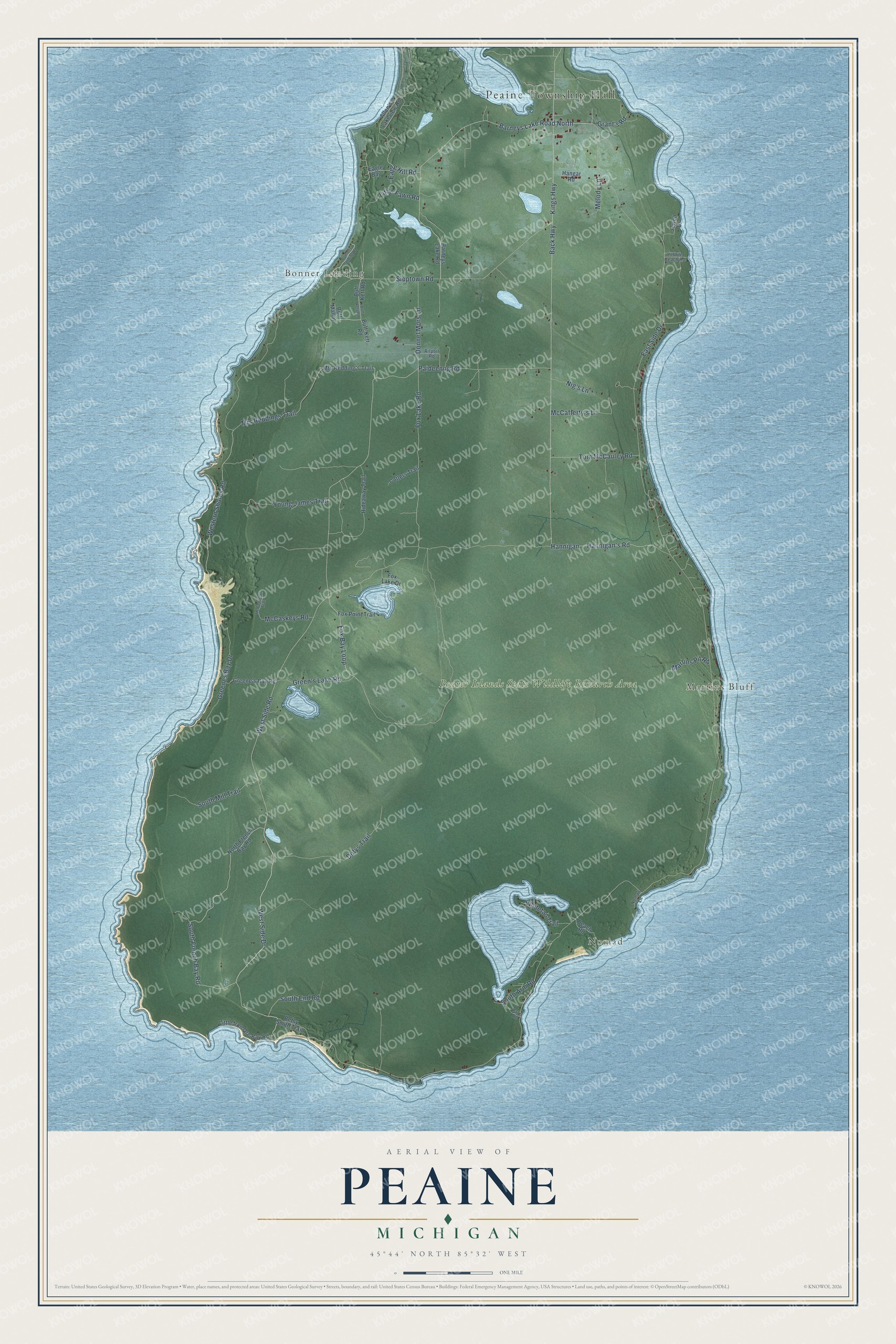 Full map of Peaine, Michigan, with red buildings, printed street names and the land around them
