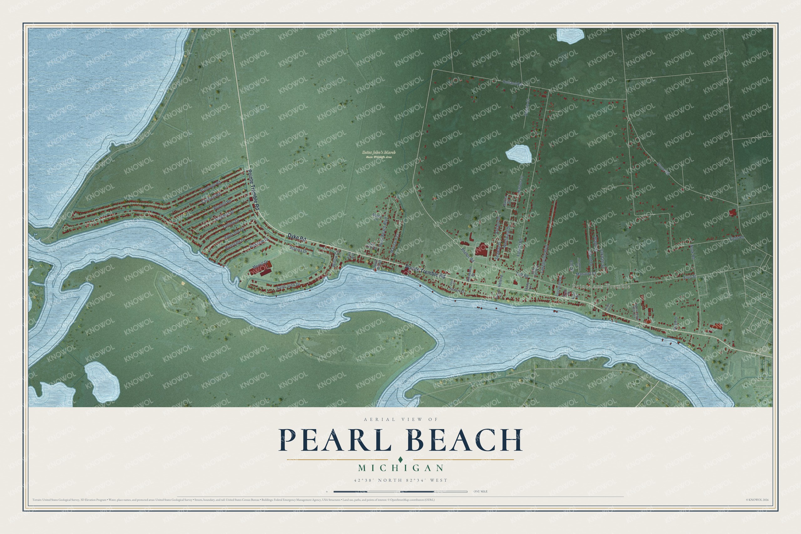 Full map of Pearl Beach, Michigan, with red buildings, printed street names and the land around them