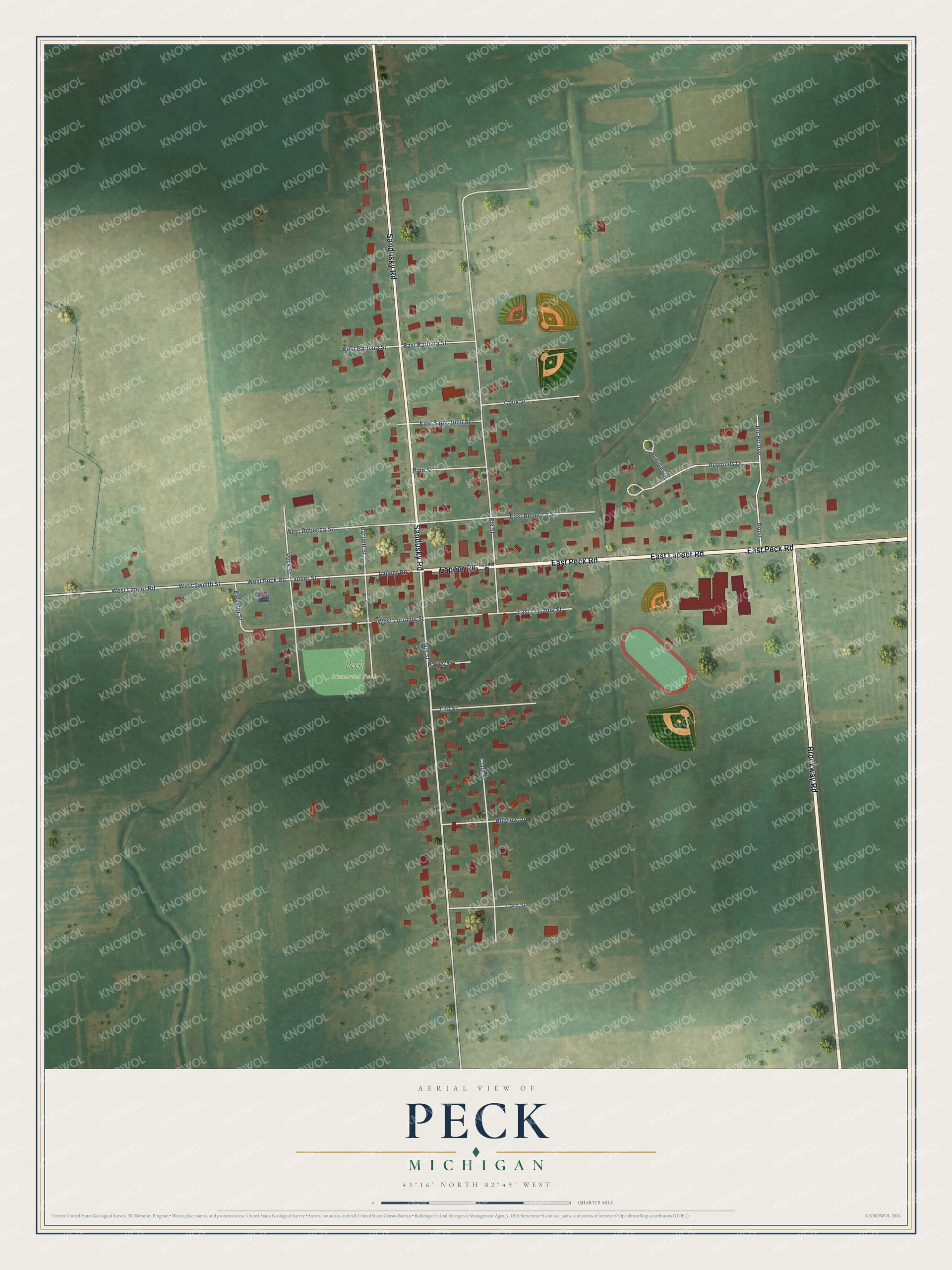 Full map of Peck, Michigan, with red buildings, printed street names and the land around them
