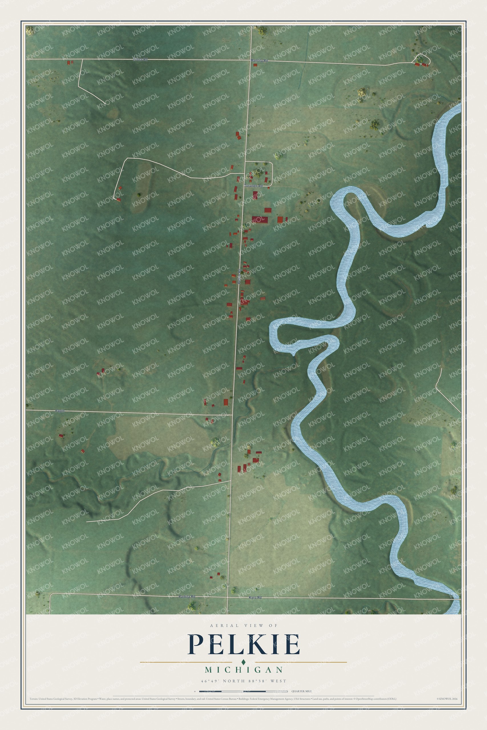 Full map of Pelkie, Michigan, with red buildings, printed street names and the land around them