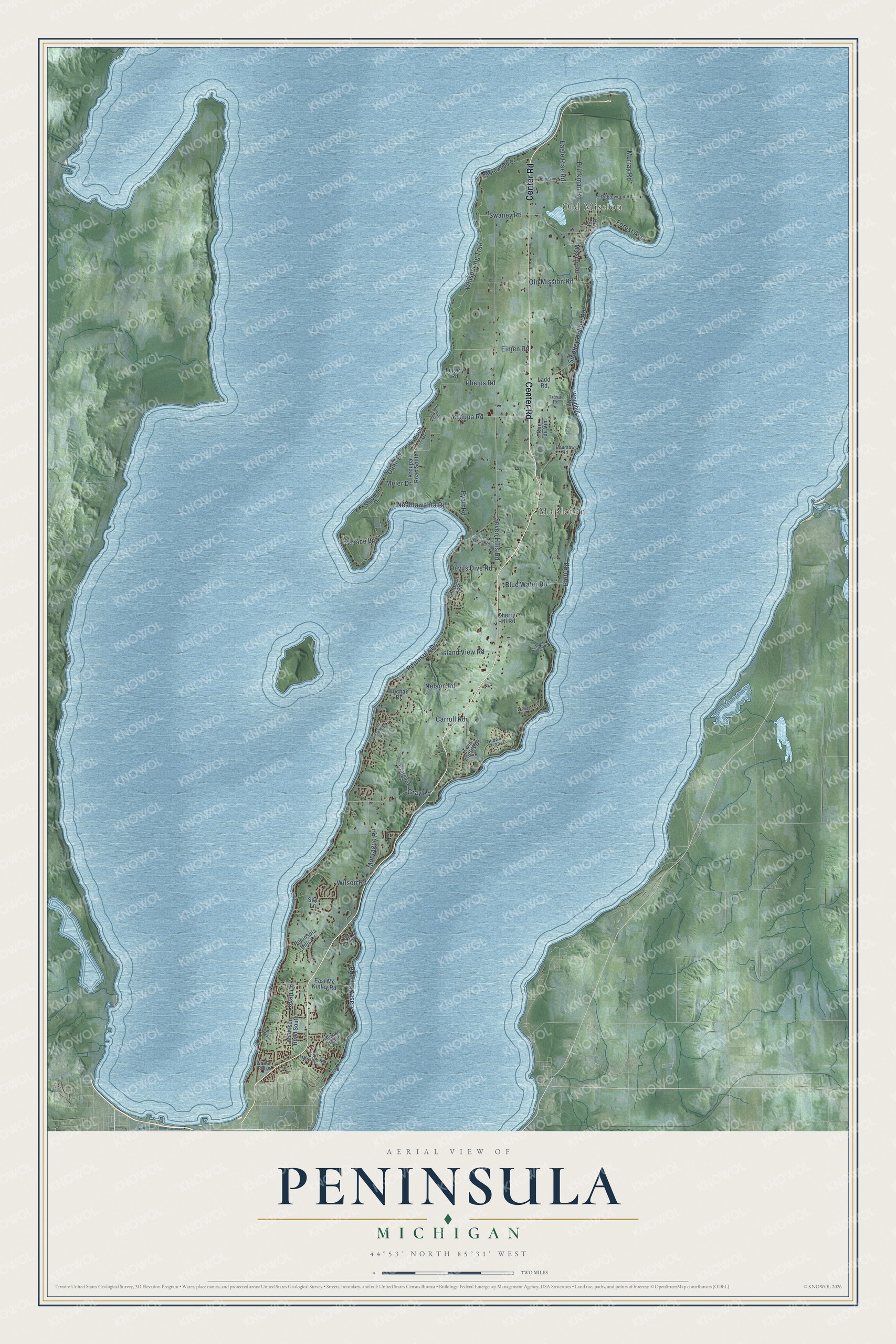 Full map of Peninsula, Michigan, with red buildings, printed street names and the land around them