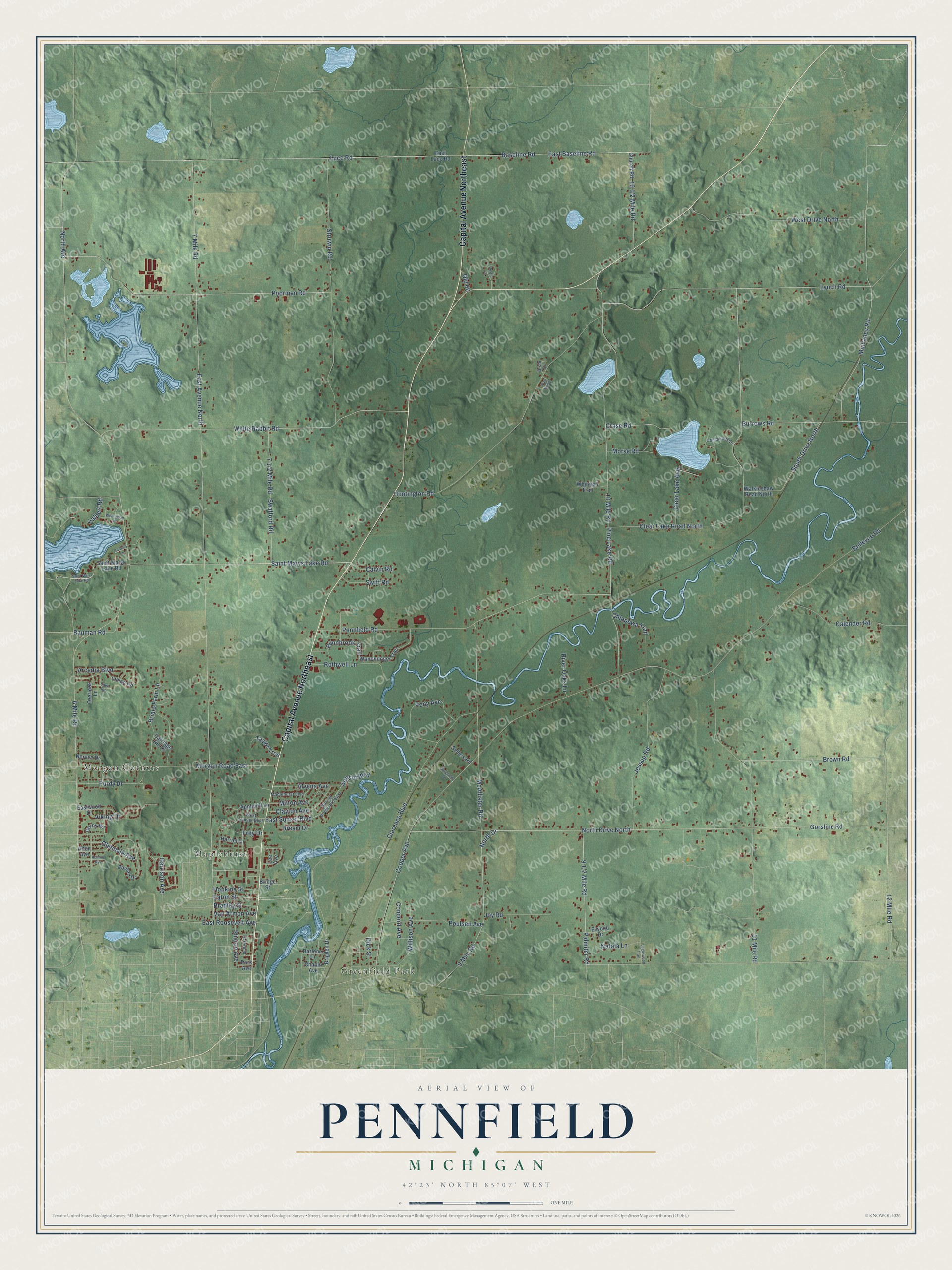 Full map of Pennfield, Michigan, with red buildings, printed street names and the land around them