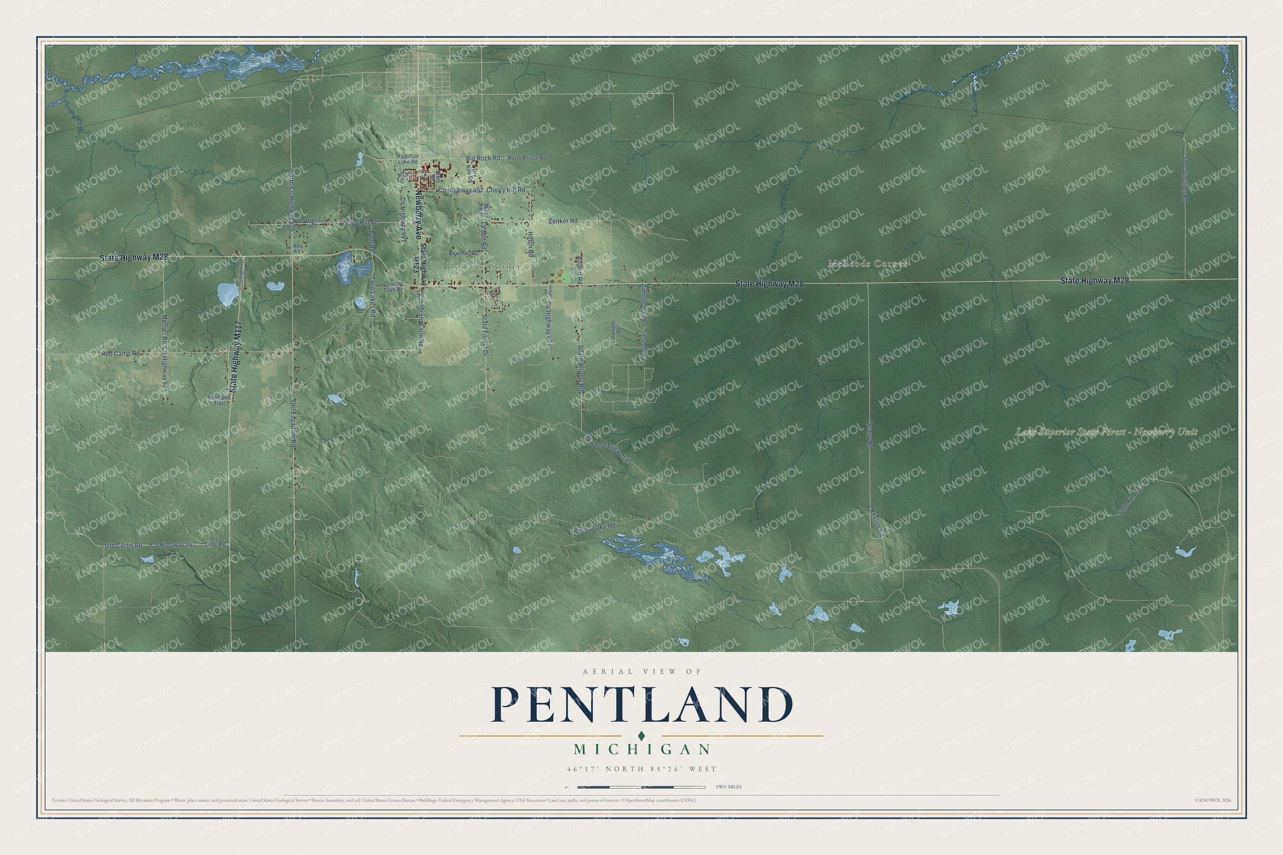 Full map of Pentland, Michigan, with red buildings, printed street names and the land around them