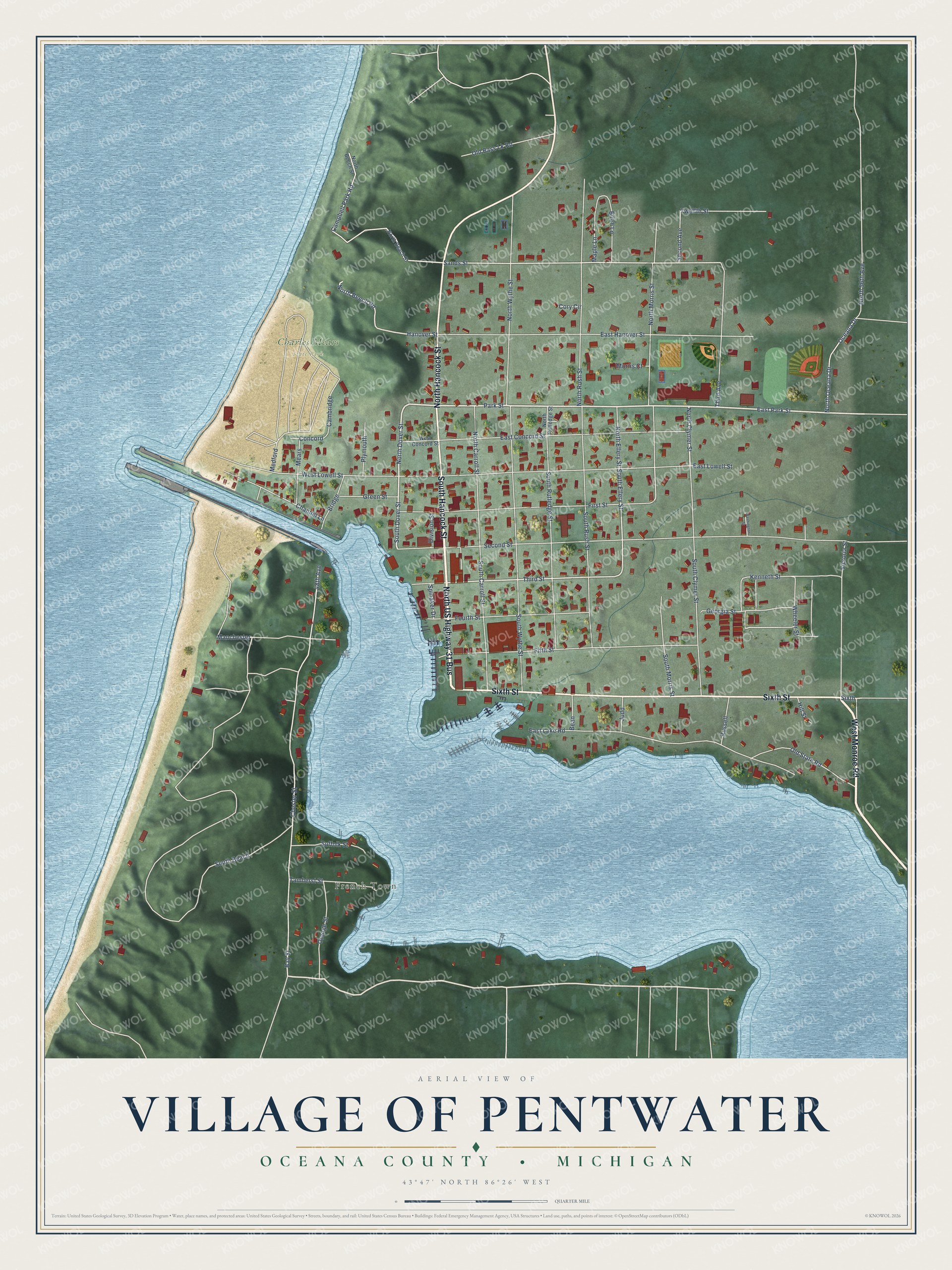 Full map of Pentwater, Michigan, with red buildings, printed street names and the land around them