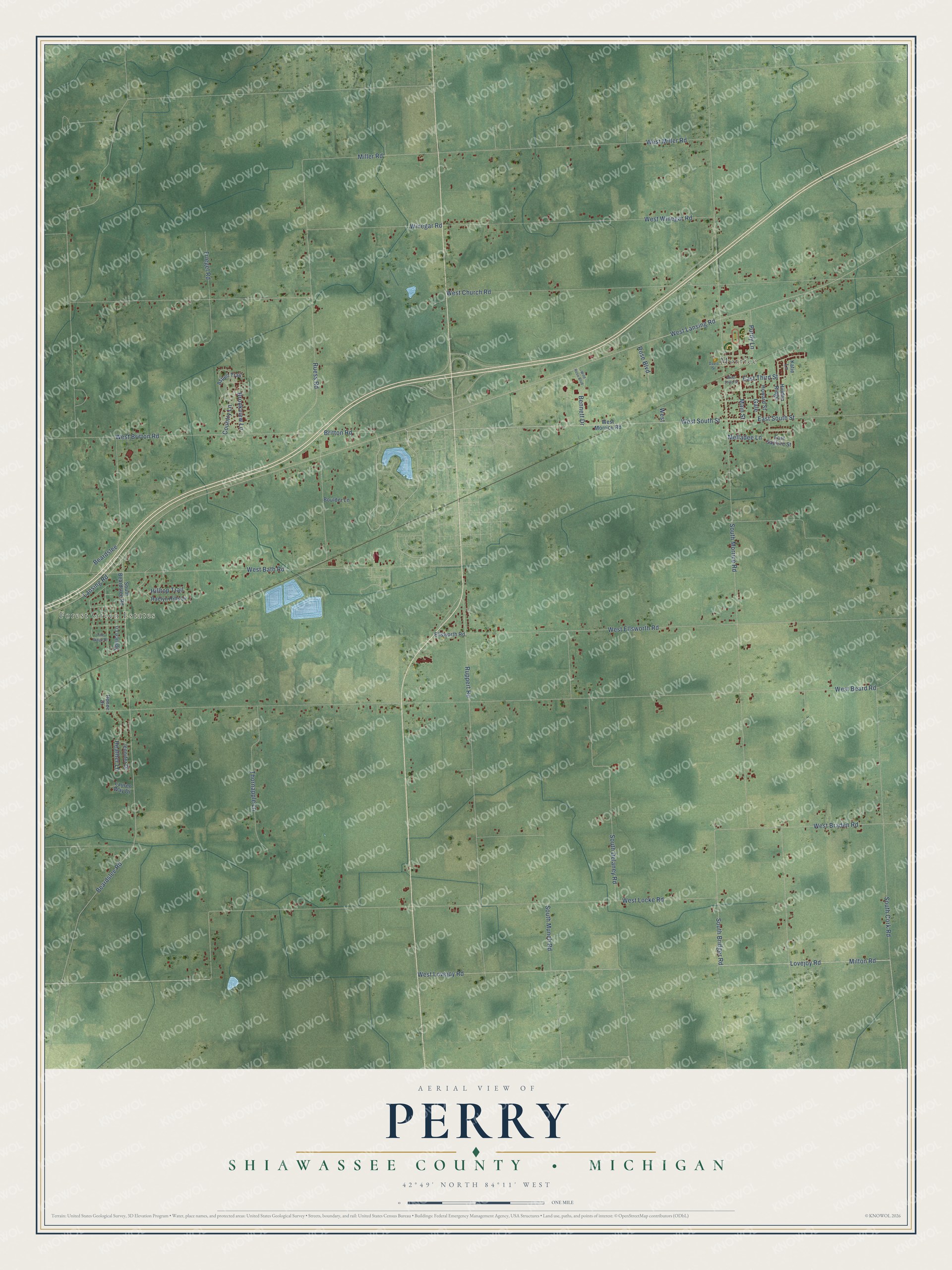 Full map of Perry, Michigan, with red buildings, printed street names and the land around them