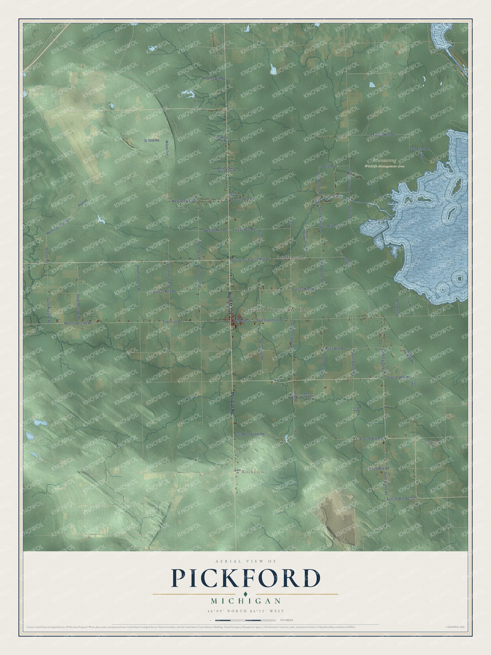 Full map of Pickford, Michigan, with red buildings, printed street names and the land around them