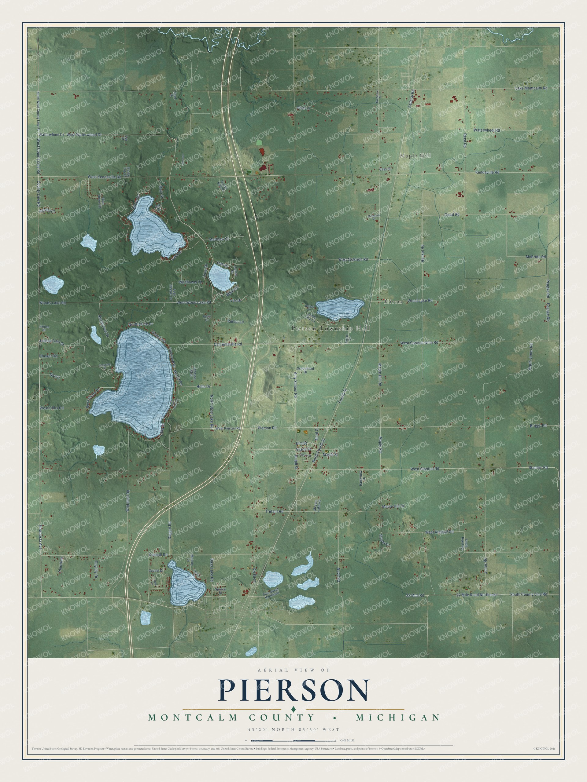 Full map of Pierson, Michigan, with red buildings, printed street names and the land around them