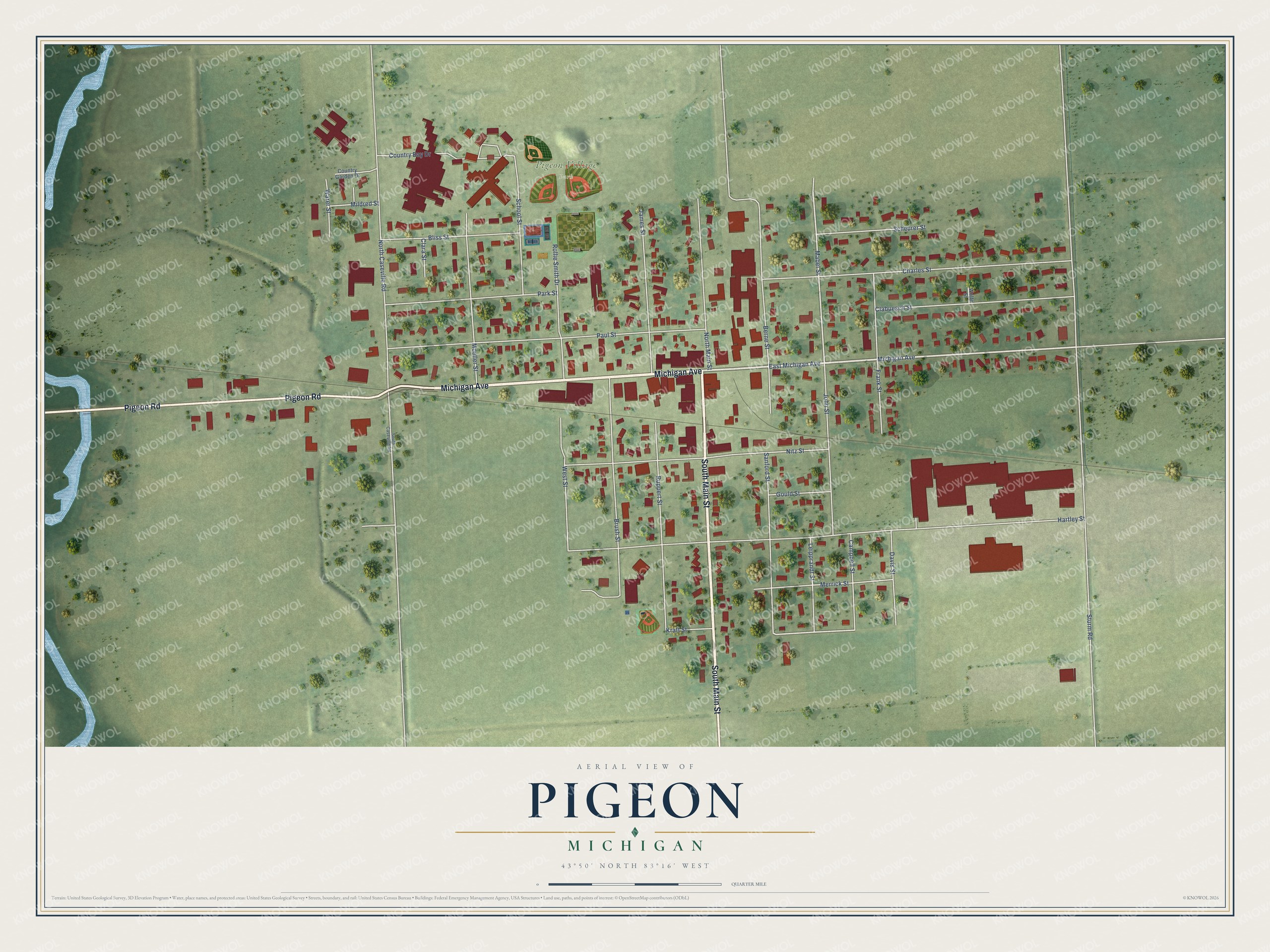 Full map of Pigeon, Michigan, with red buildings, printed street names and the land around them