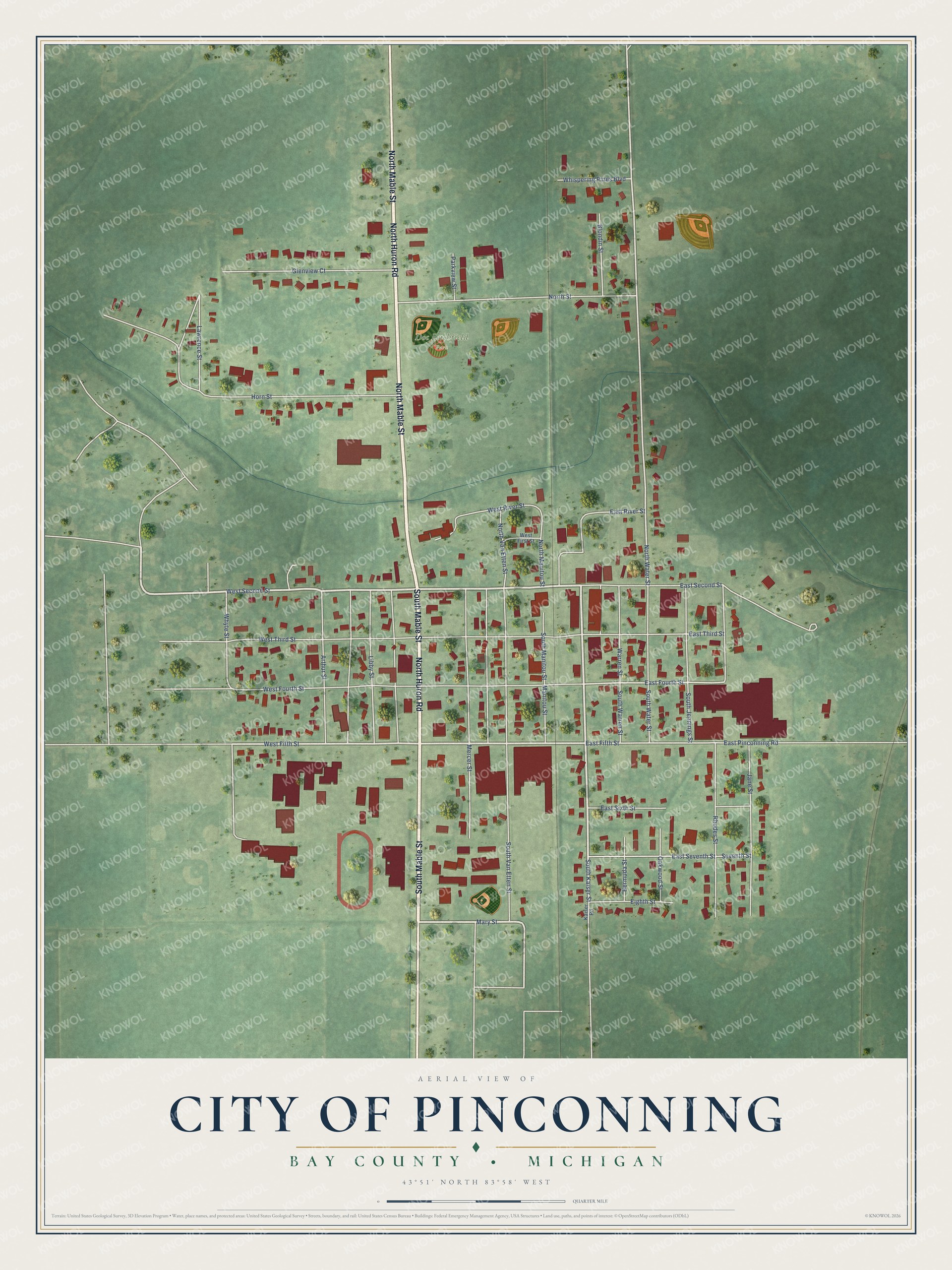 Watermarked full-map preview of Pinconning, Michigan