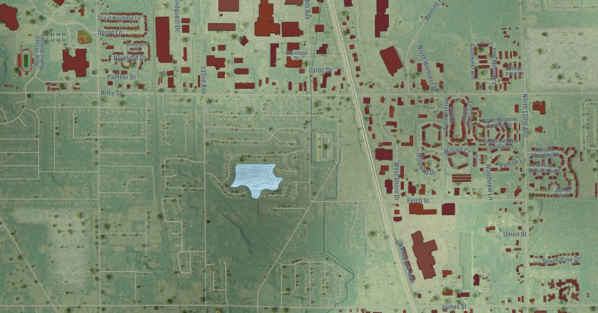 Close-up of streets and buildings in Pine Creek, Michigan