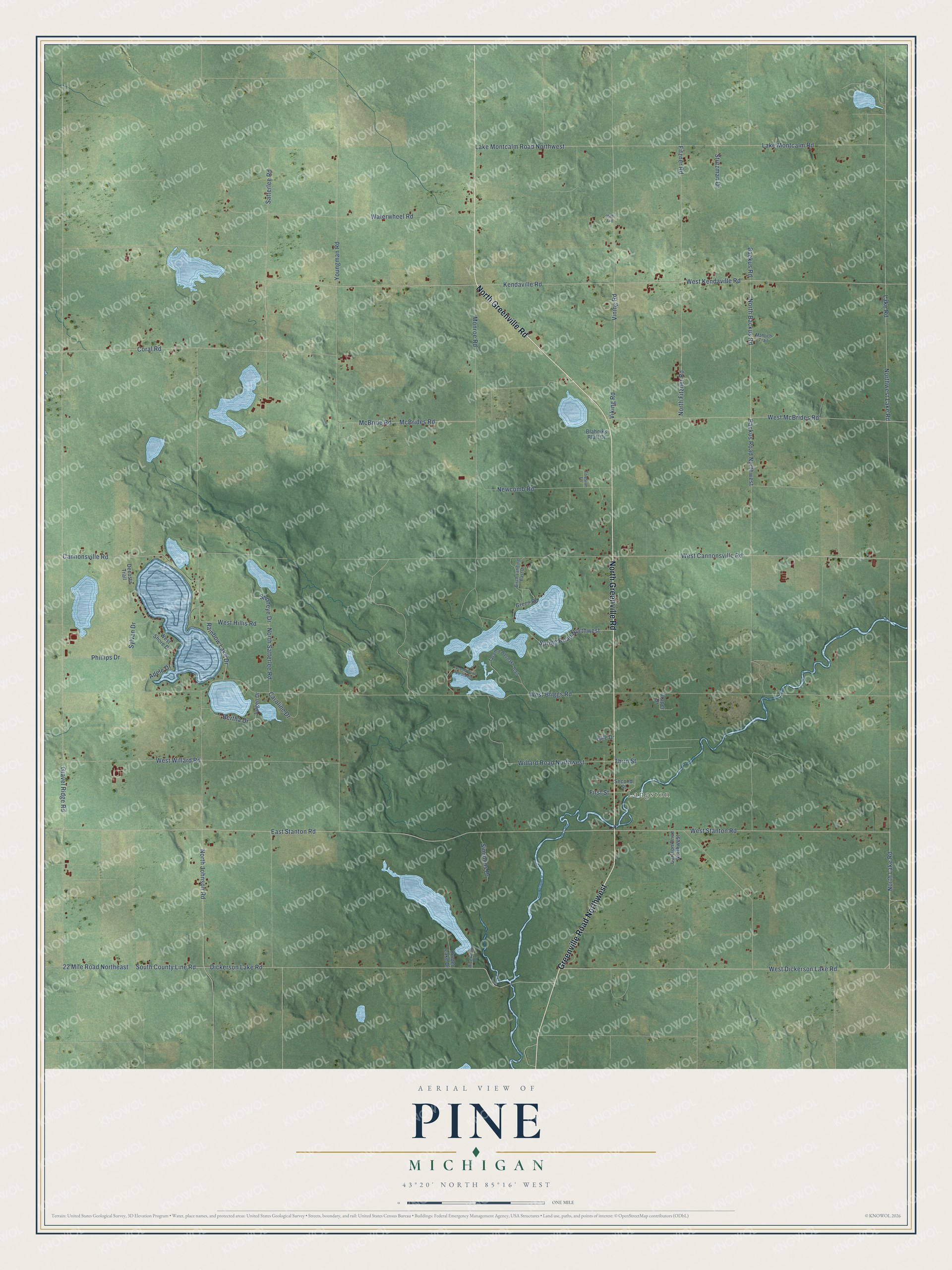 Full map of Pine, Michigan, with red buildings, printed street names and the land around them