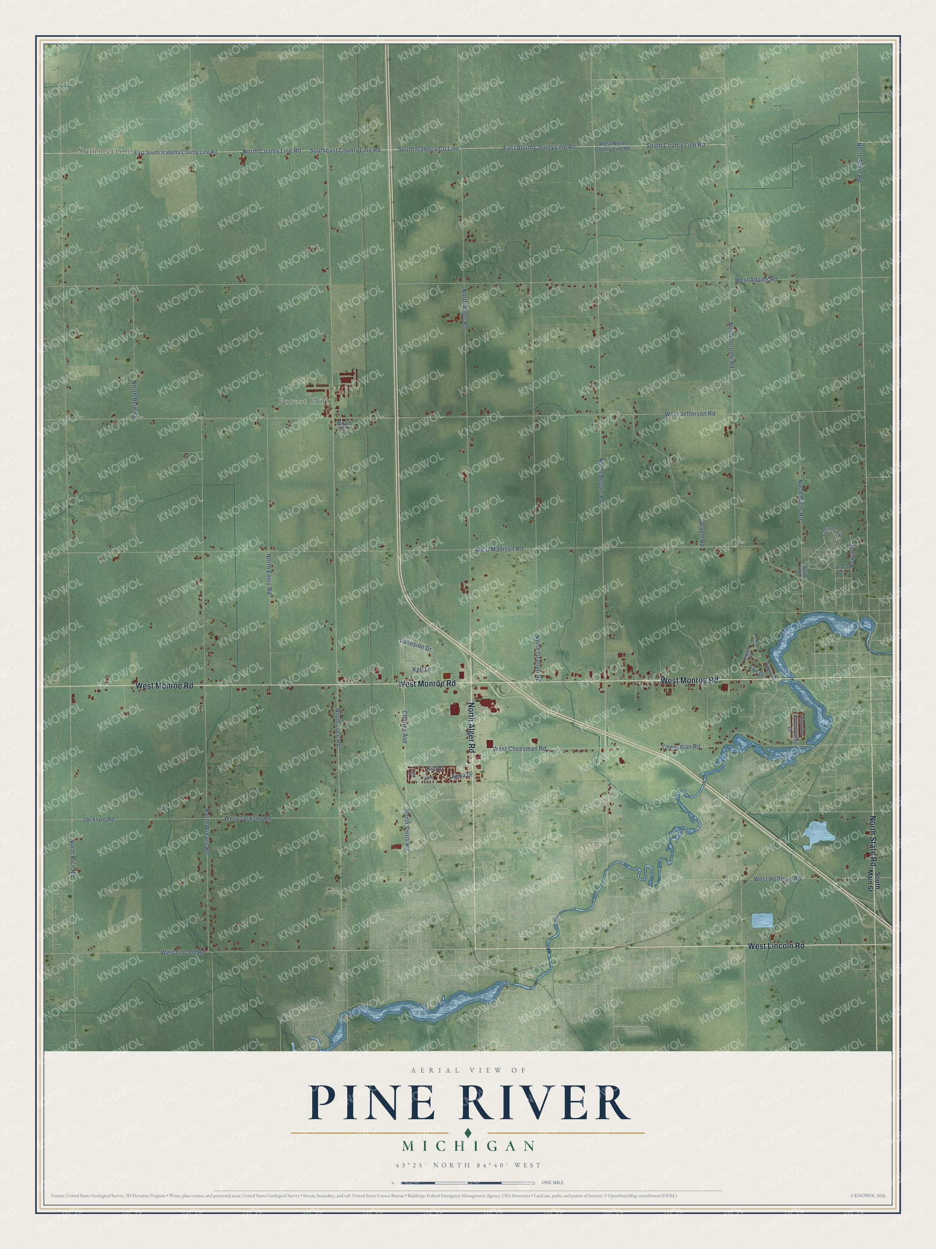 Full map of Pine River, Michigan, with red buildings, printed street names and the land around them