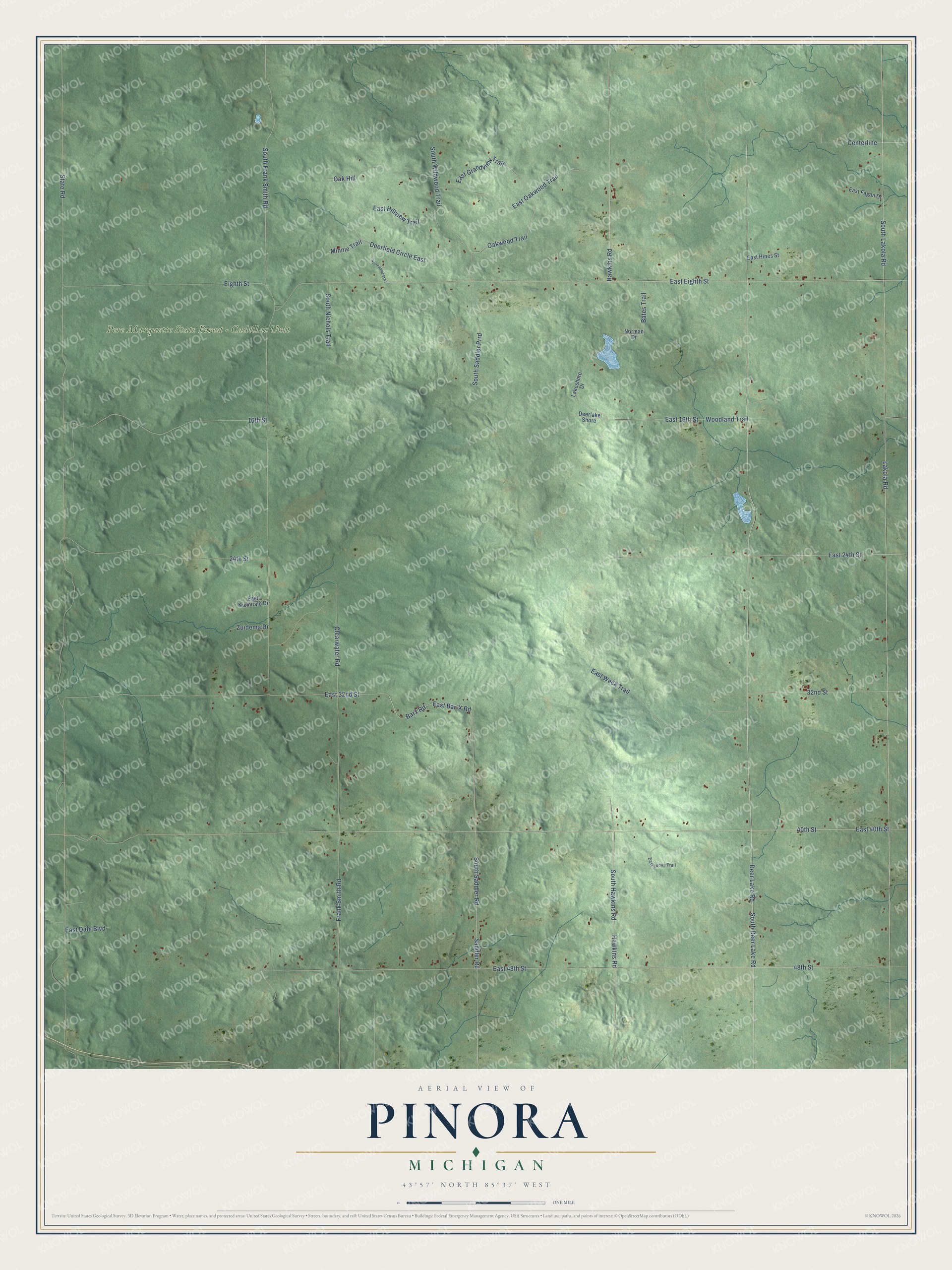 Full map of Pinora, Michigan, with red buildings, printed street names and the land around them